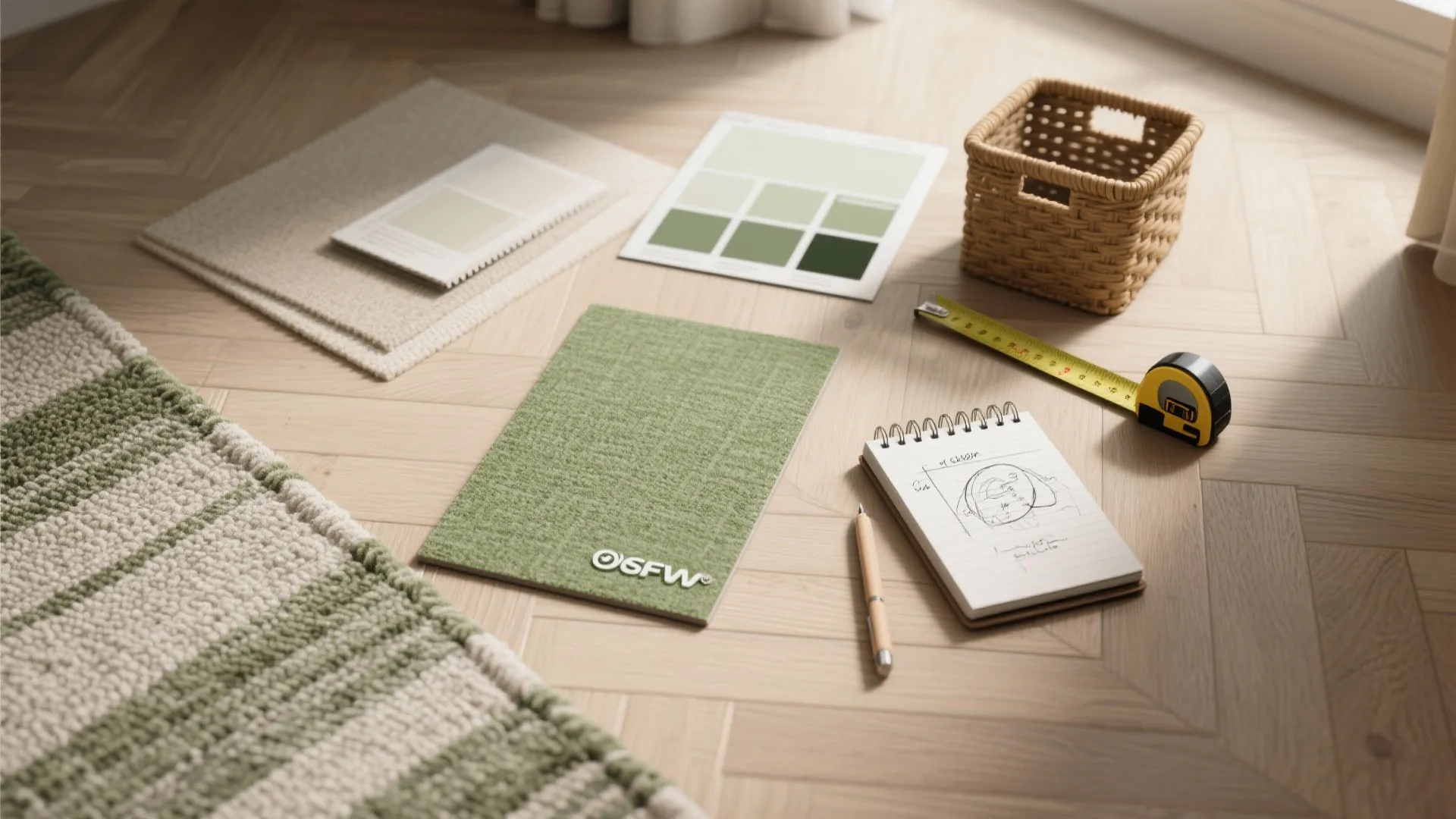 Interior design materials including green fabric sample color palette notebook and measuring tape on wood floor