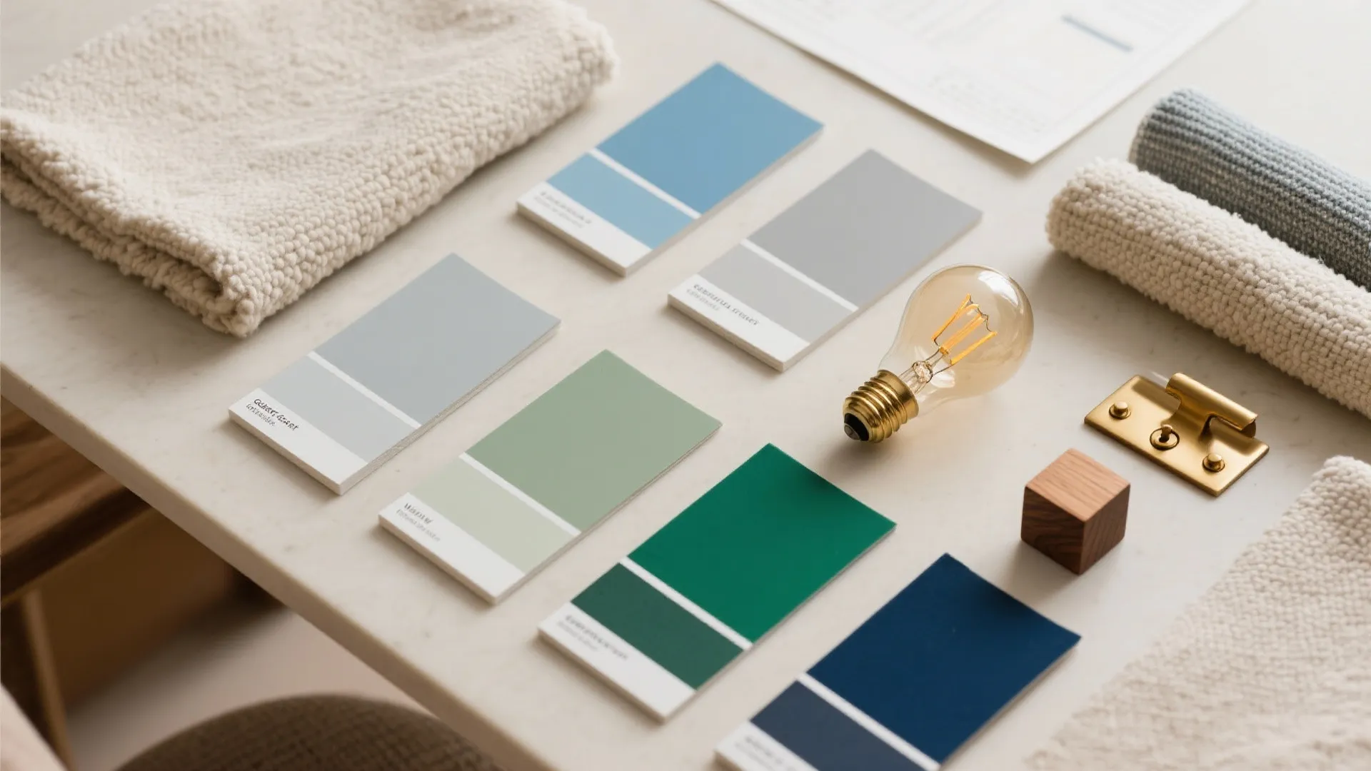 Interior design flat lay with blue and green color swatches, light bulb, fabrics, and hardware