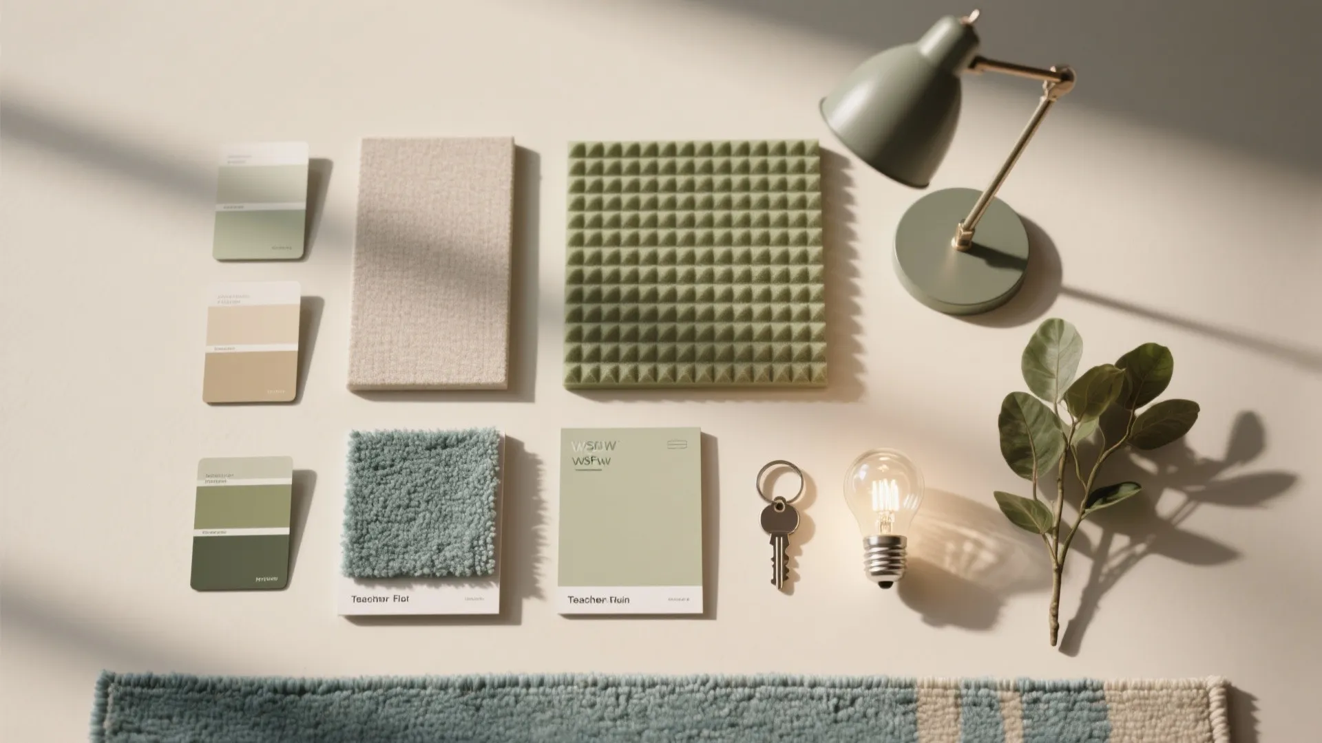 Interior design flat lay with green color swatches fabric samples table lamp and a light bulb