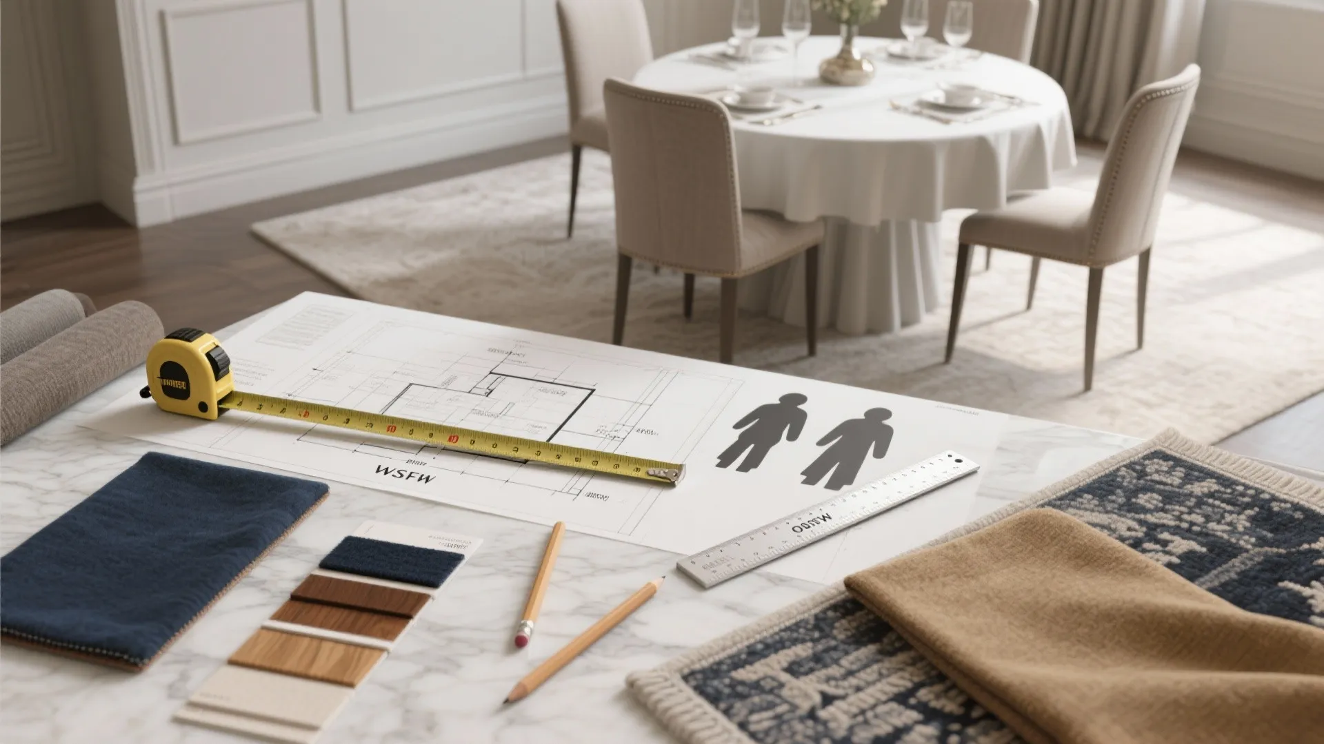 Floor plan drawing on marble table with measuring tape pencils fabric samples and color swatches