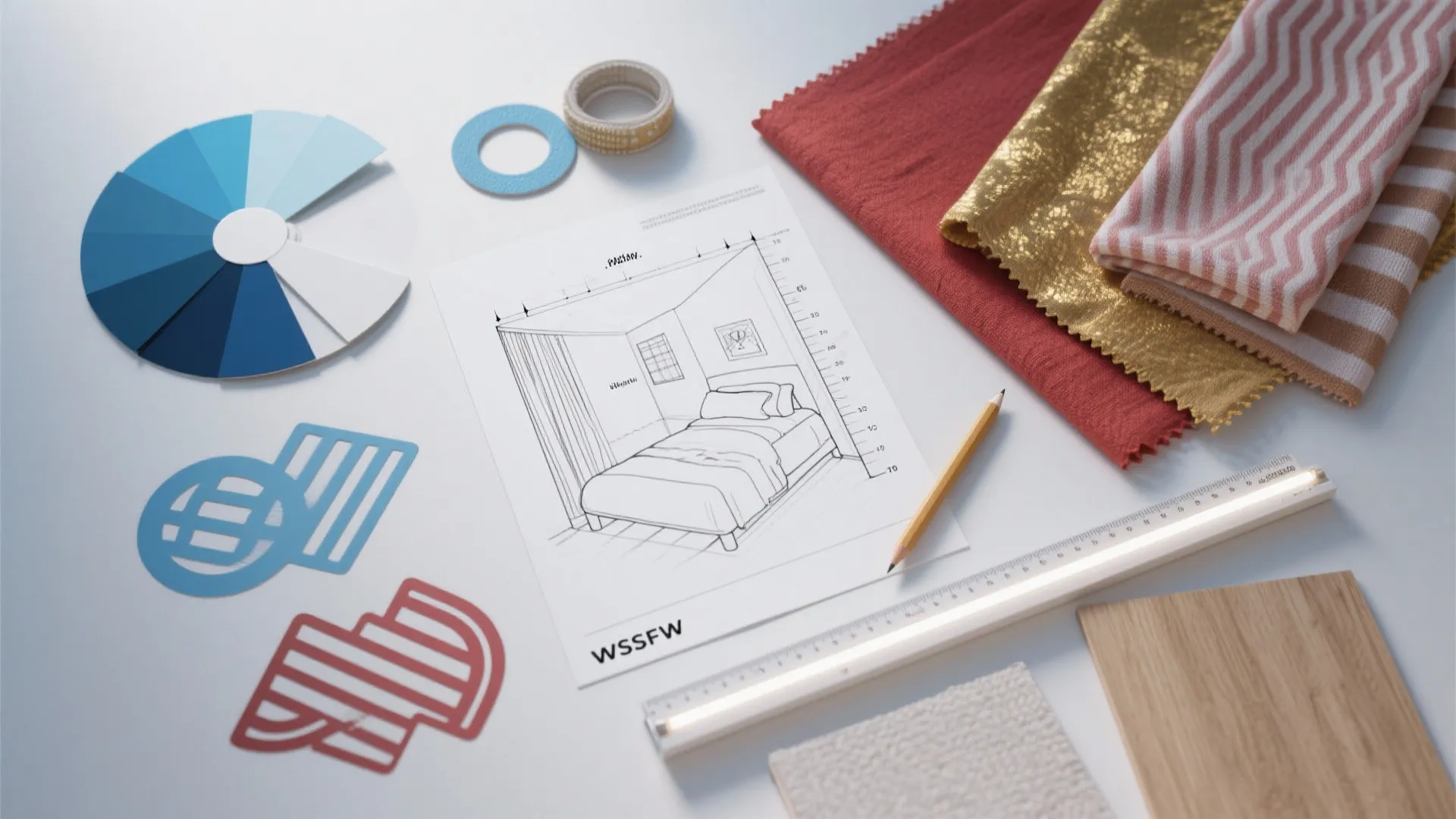 Top-down flatlay of color swatches, fabric samples, stencil templates, a room sketch and LED strip sample for planning a themed bedroom.