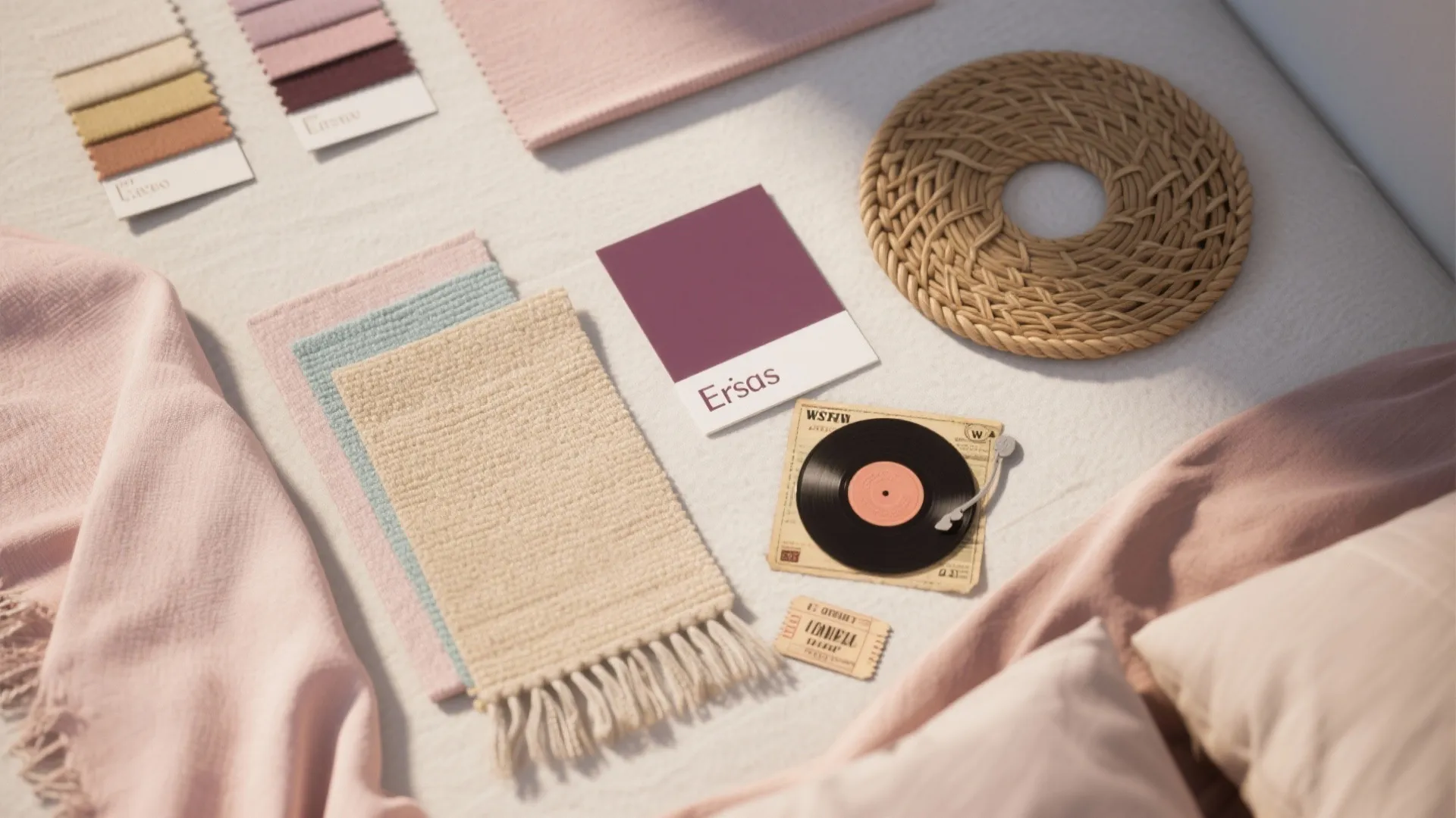 Top-down flatlay of pastel and neutral fabric swatches, paint chips, rattan sample, and a vintage ticket for an Eras-themed palette.