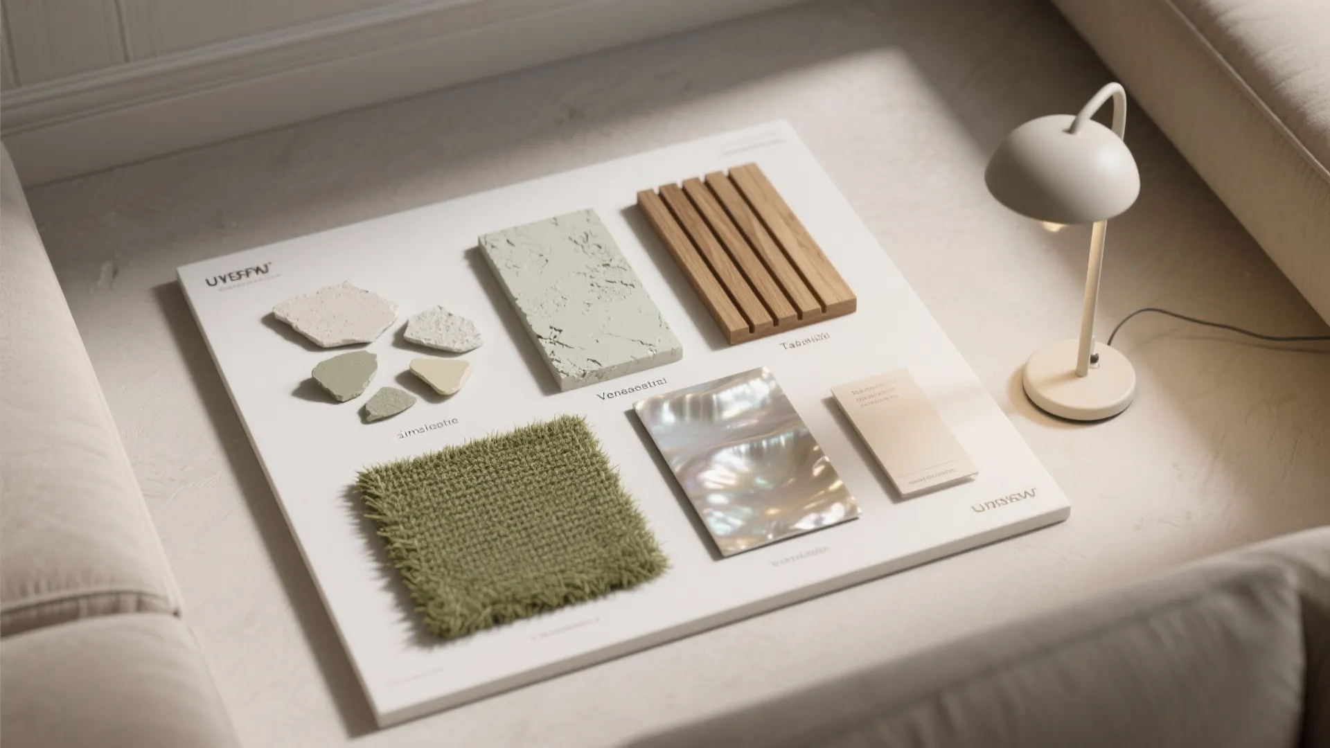 Interior design mood board with wood samples green fabric stone pieces and a small lamp