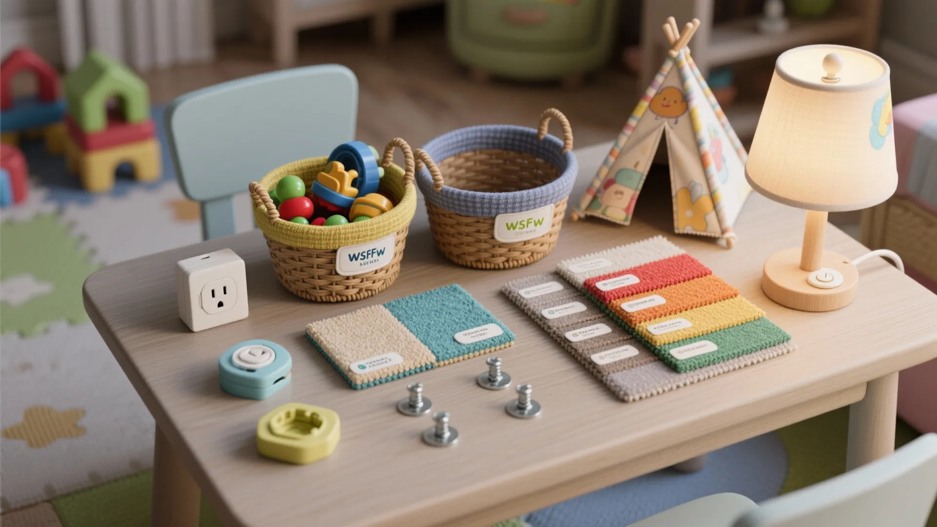 Table with colorful fabric swatches small storage baskets a table lamp and various interior samples