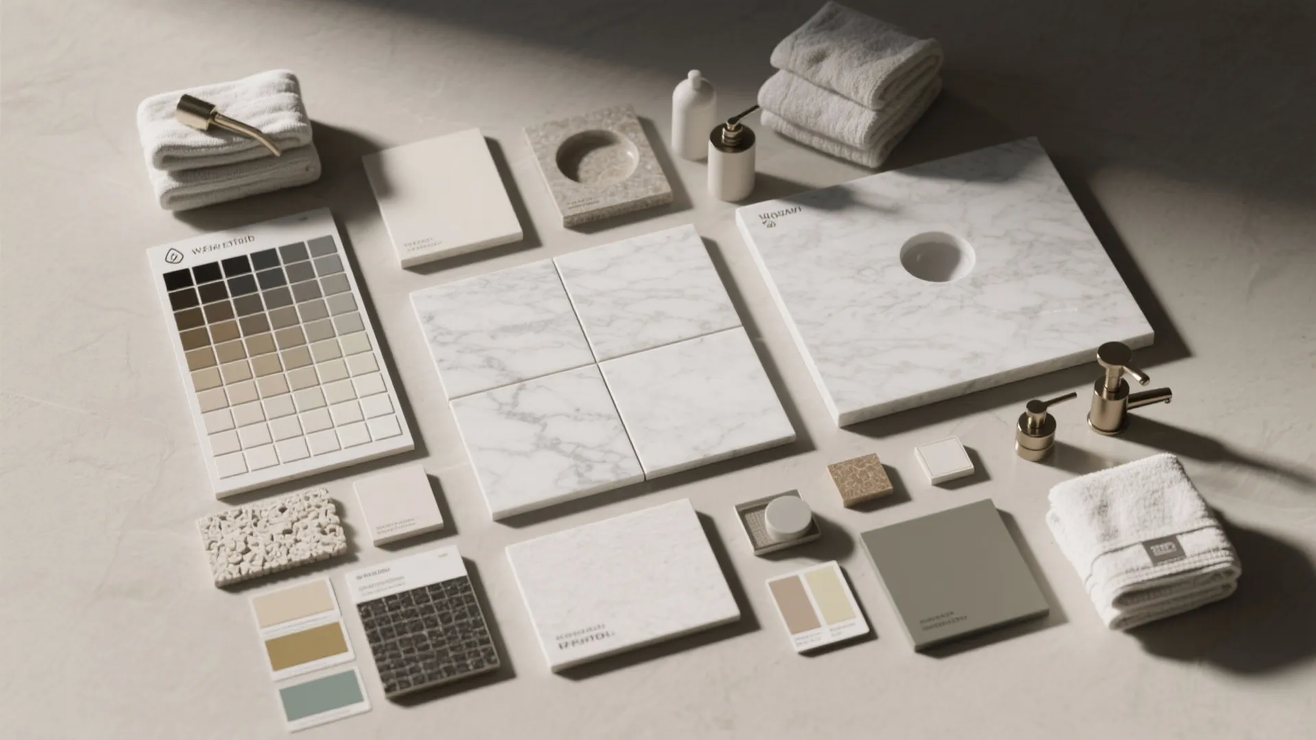 Interior design materials including marble tiles color swatches white towels and small gold metal accessories