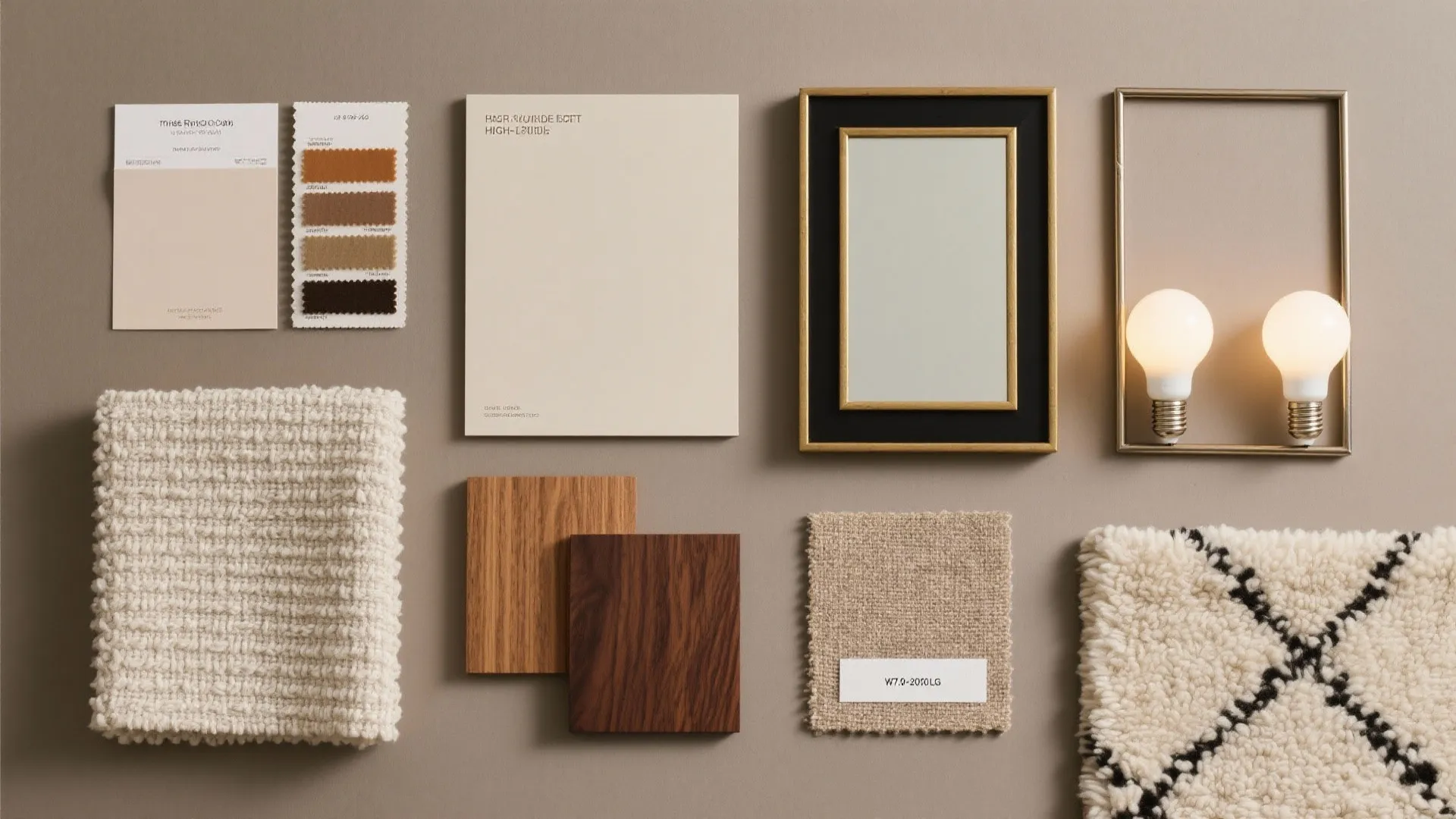 Interior design mood board with fabric swatches wood samples paint colors and light bulbs display