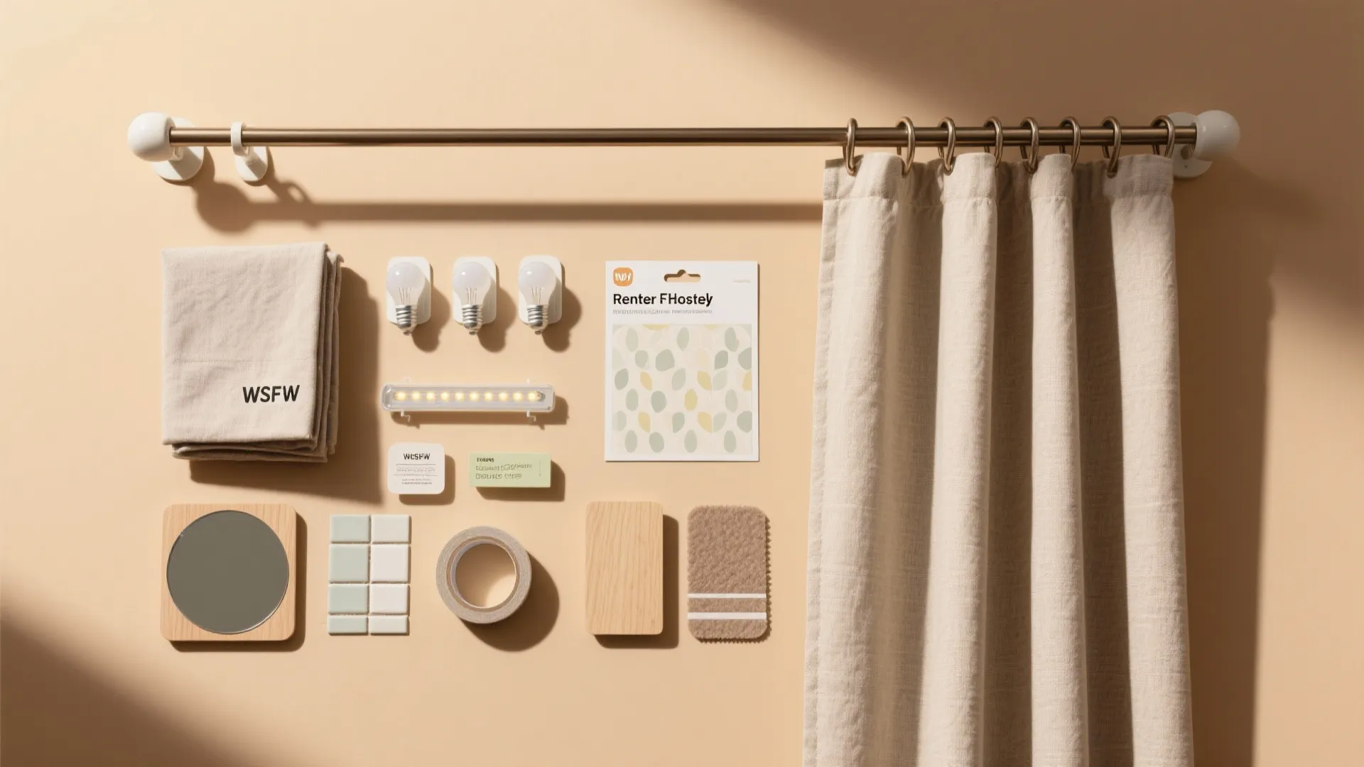 Interior design mood board with curtain rod light bulbs fabric samples wood blocks and tape