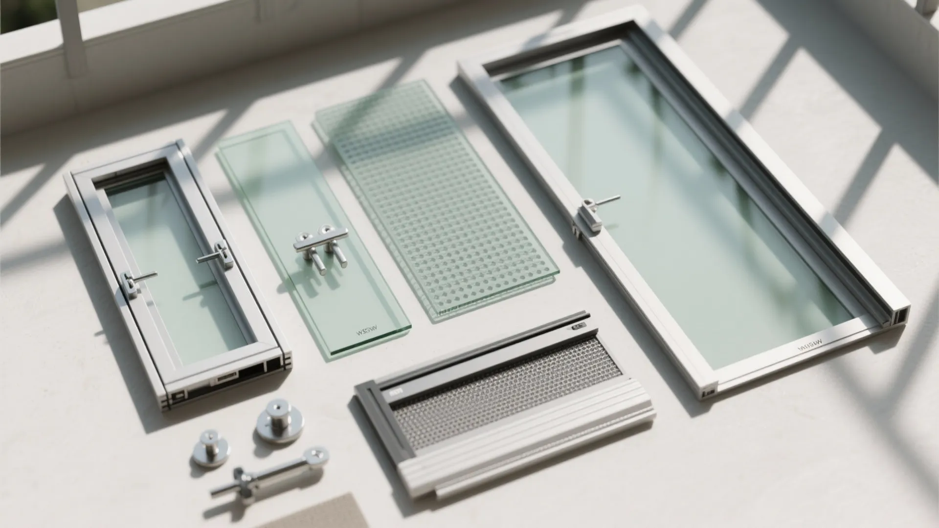 Collection of window parts including glass panels metal frames and handles on a white surface