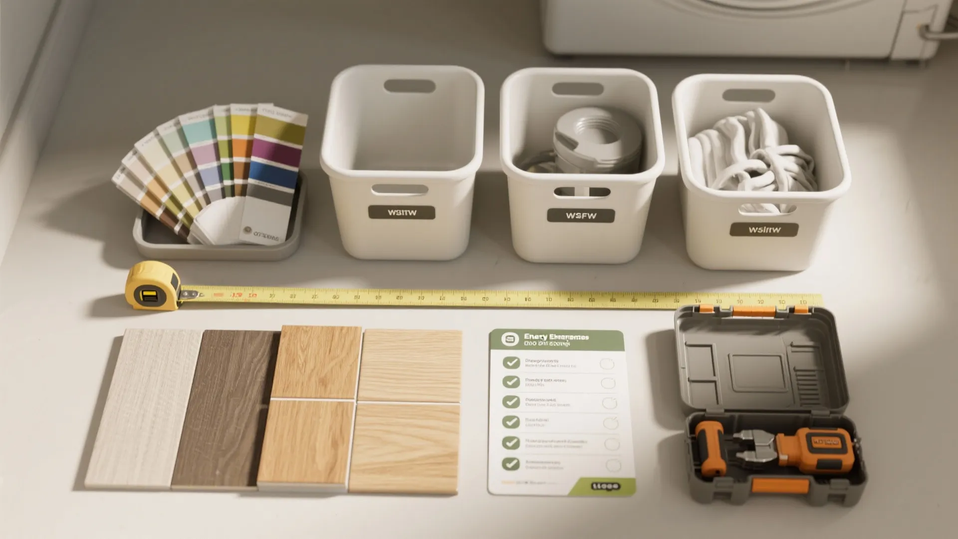 Interior design planning flat lay with color swatches wood samples measuring tape and storage bins