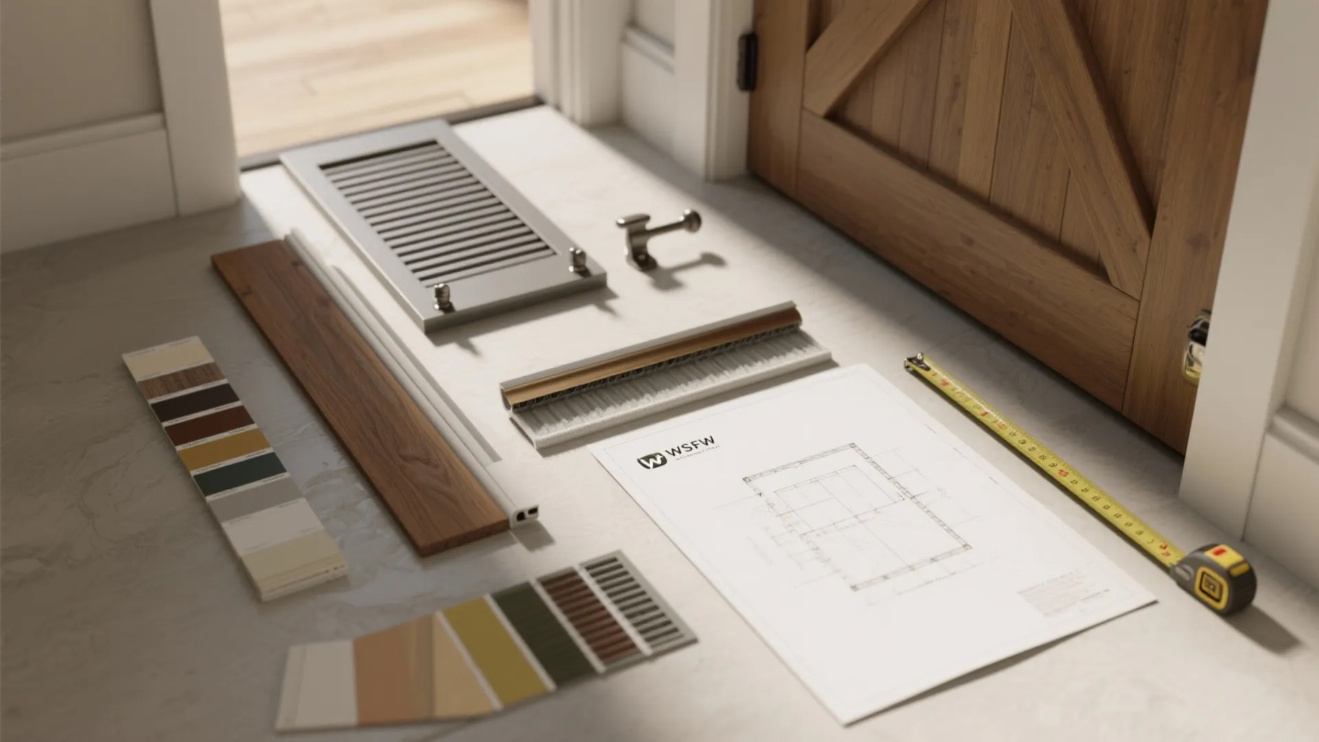 Floor plan drawing with wood samples color swatches measuring tape and vents on marble floor