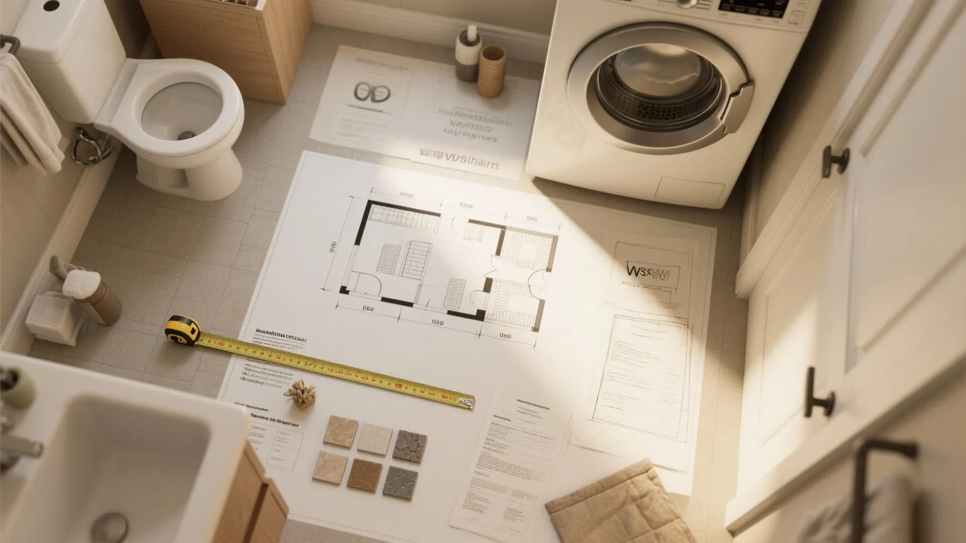 Top view of bathroom interior design drawing with tape measure washing machine toilet and tile samples