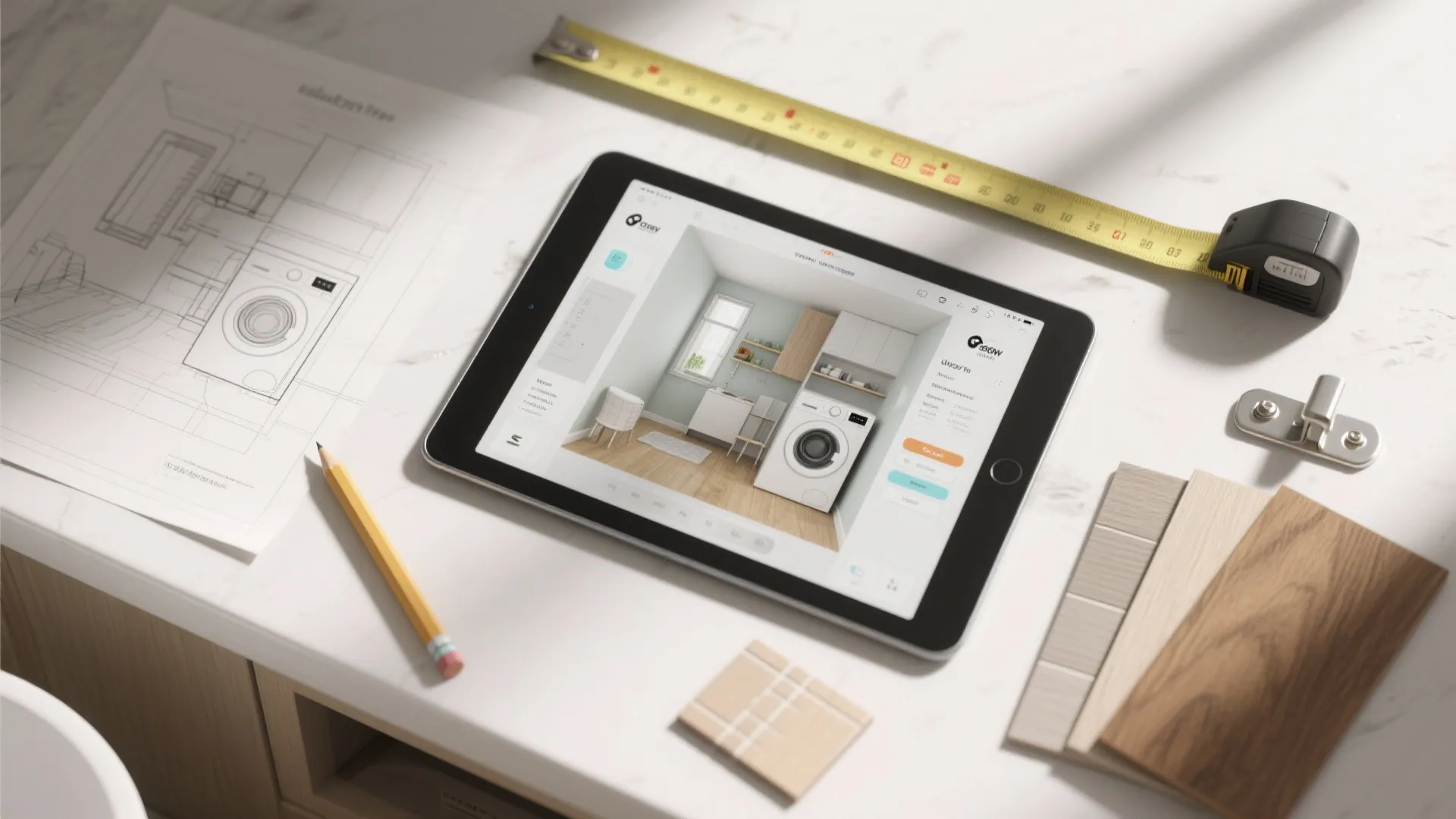 Tablet showing interior design drawing on a desk with paper sketches and a measuring tape