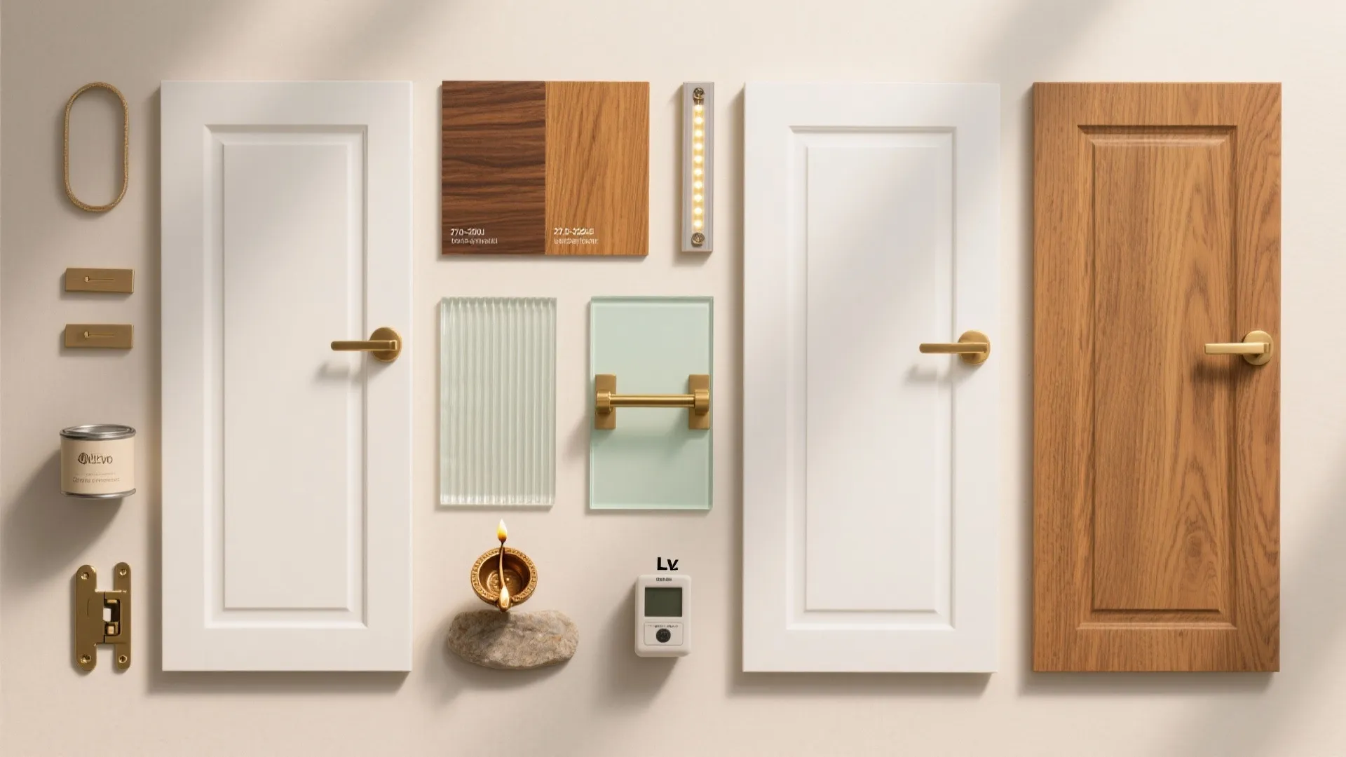 Interior design material board with white and wood door samples golden handles and glass material swatches