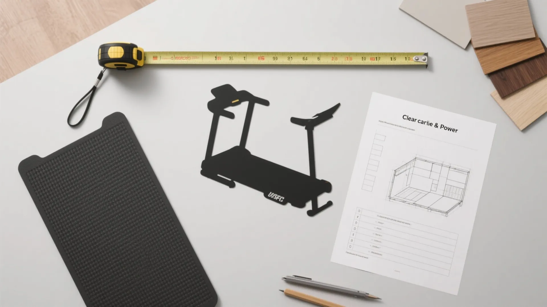 Top-down flatlay of tape measure, floorplan, mat sample and checklist for planning treadmill placement.