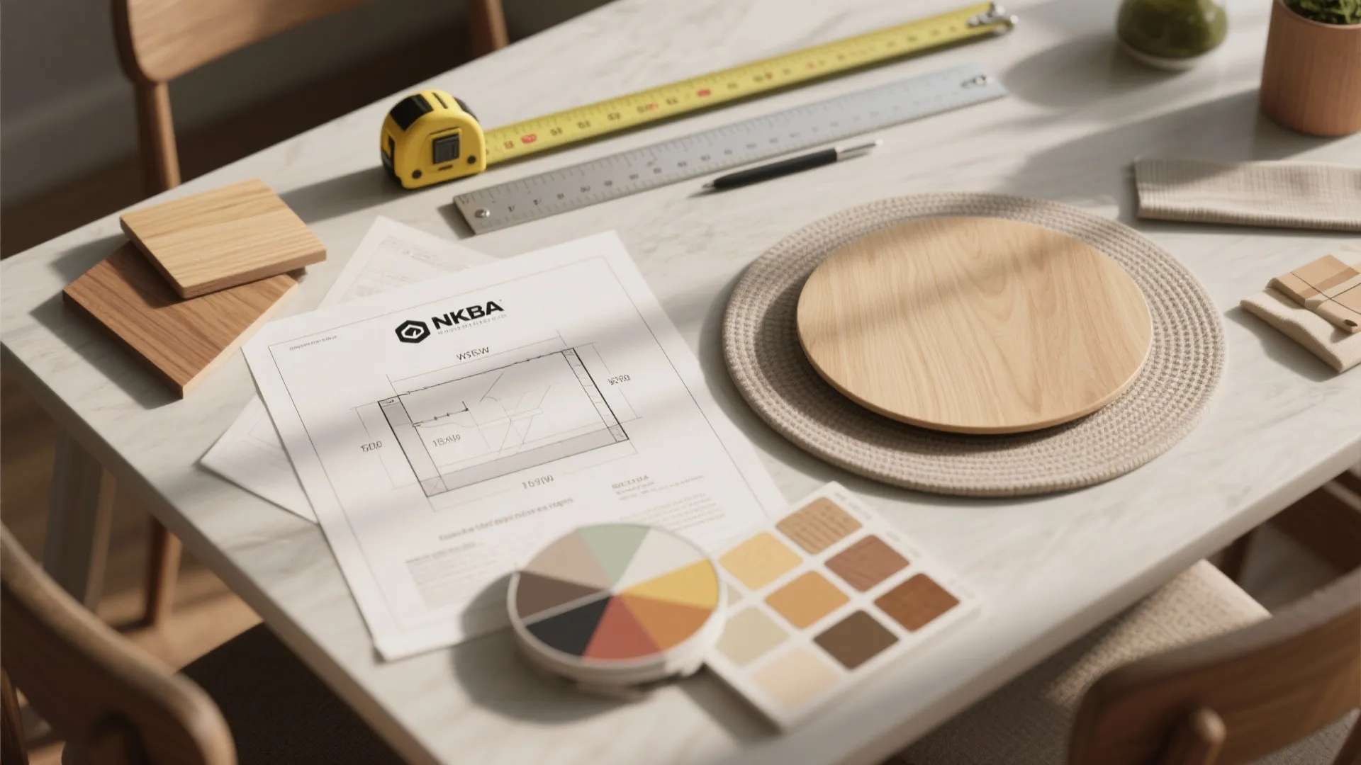 Top-down flatlay of measurement tools, wood swatches, and planning diagrams for small dining spaces.