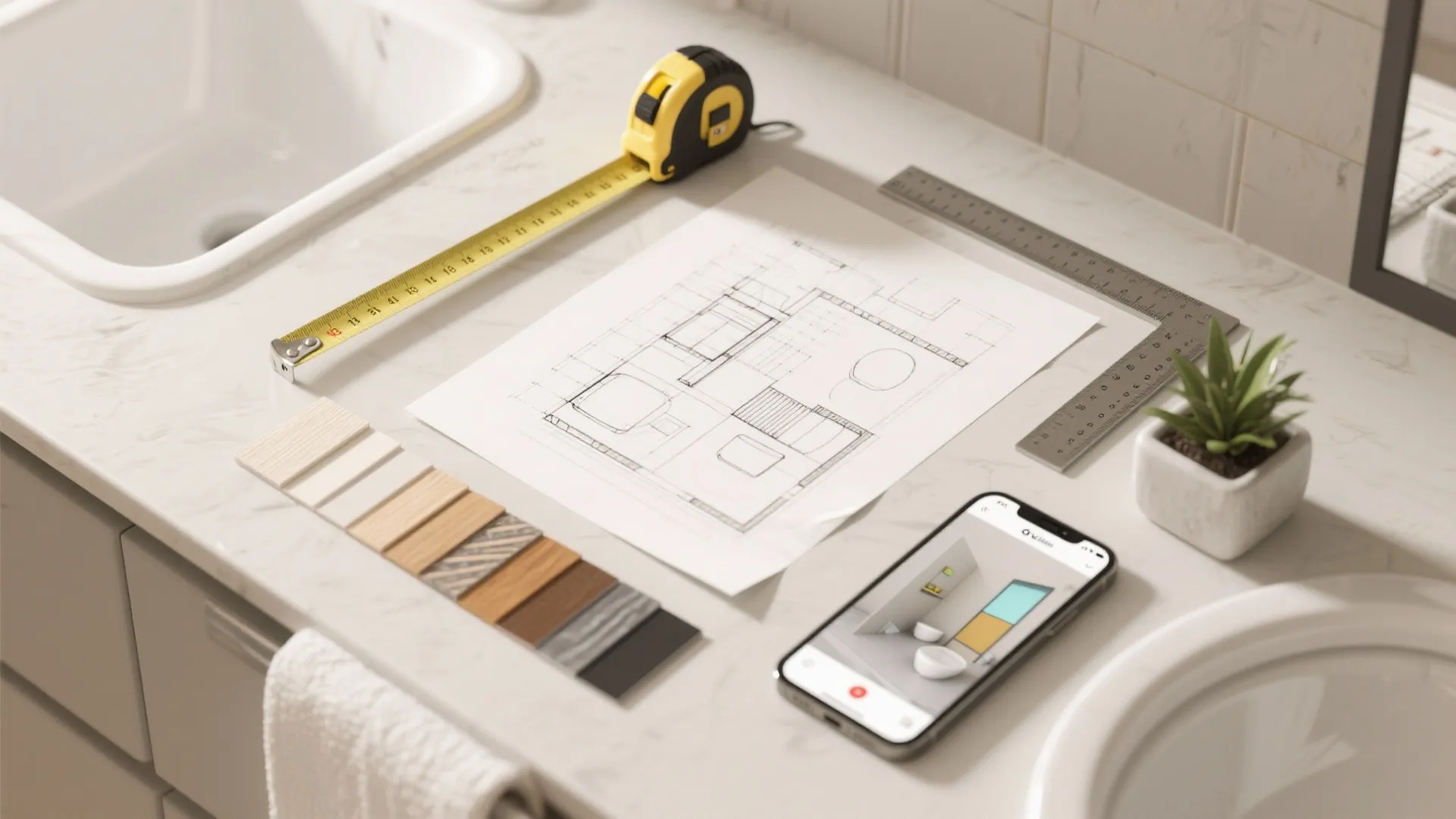 Top-down flatlay of tape measure, scale sketch, material swatches and a phone with a 3D render to visualize a small bathroom table.