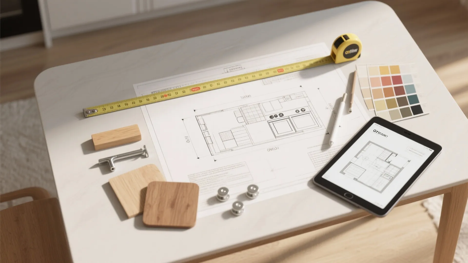 Floor plan drawing on table with yellow tape measure color swatches tablet and wood samples