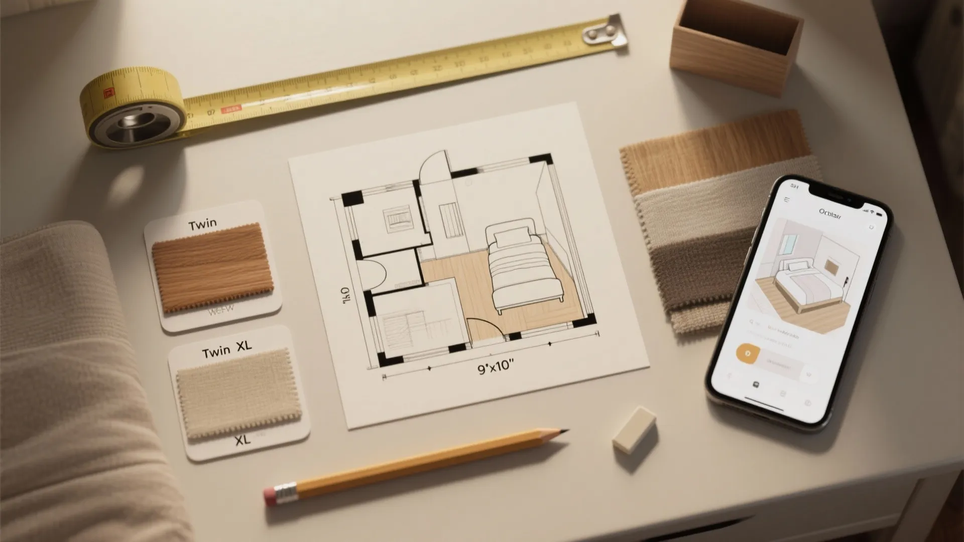 Interior design floor plan on desk with measuring tape fabric samples pencil and a smartphone