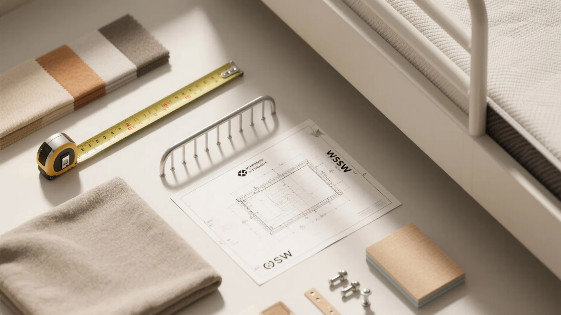 Top view of a room layout plan with measuring tape and fabric samples on table
