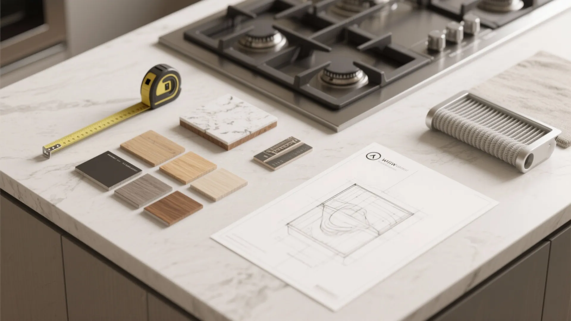 Flatlay of planning tools, material swatches, and a small cooktop sample for island planning.