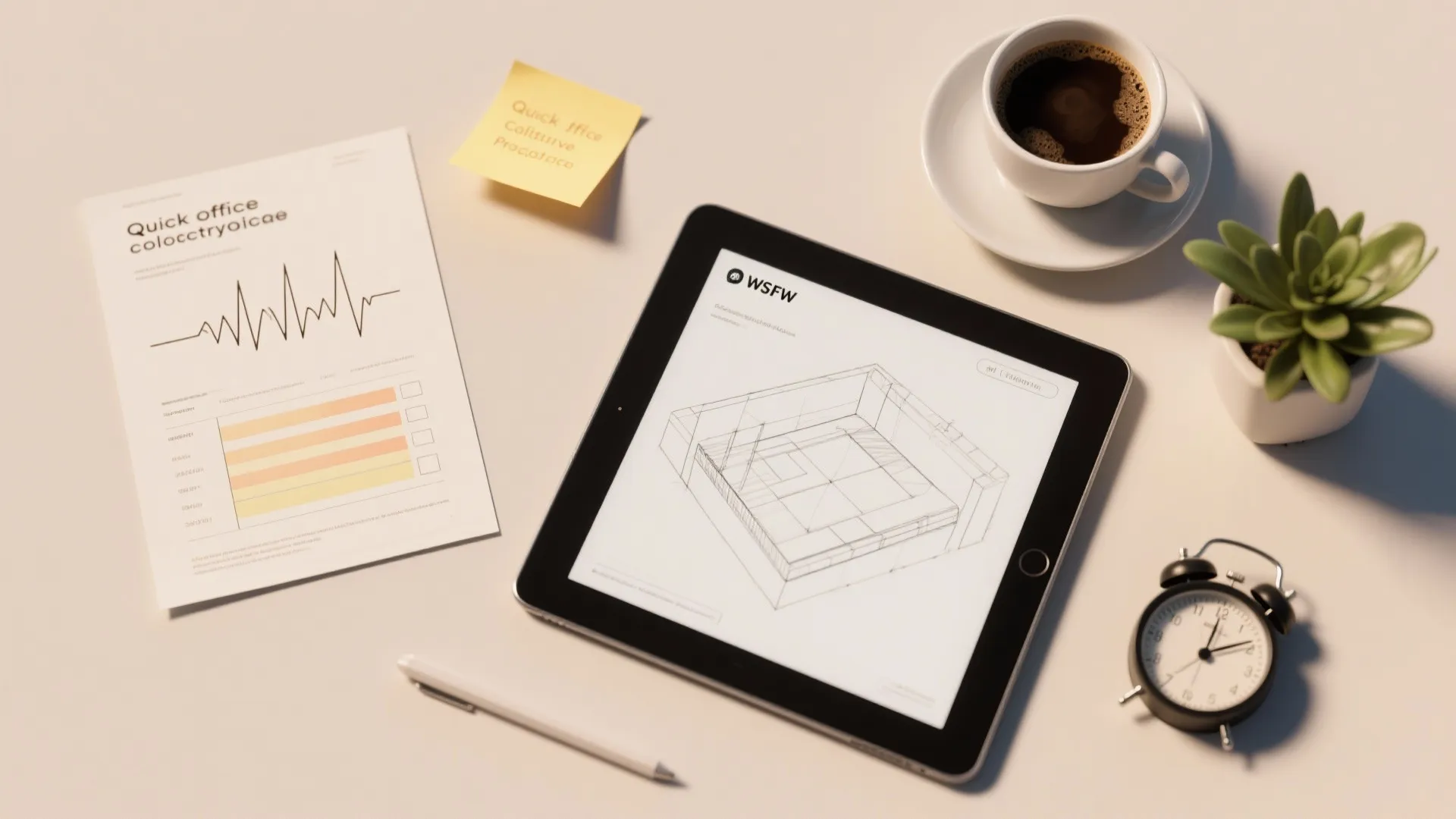 Tablet displaying interior design drawing next to coffee cup, plant, alarm clock, and paper documents