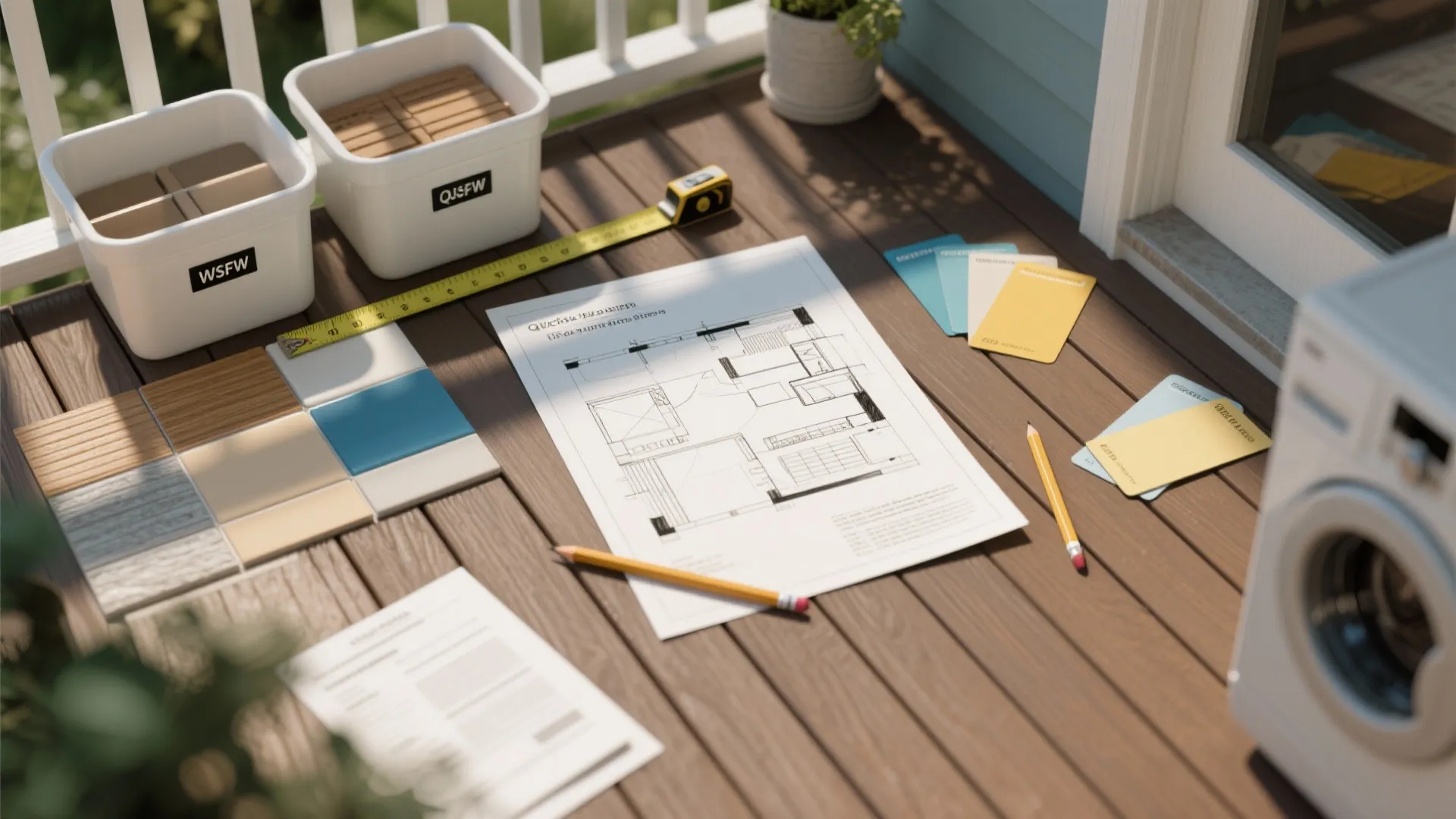 Interior design drawing on wooden deck with measuring tape pencils color swatches and floor tile samples