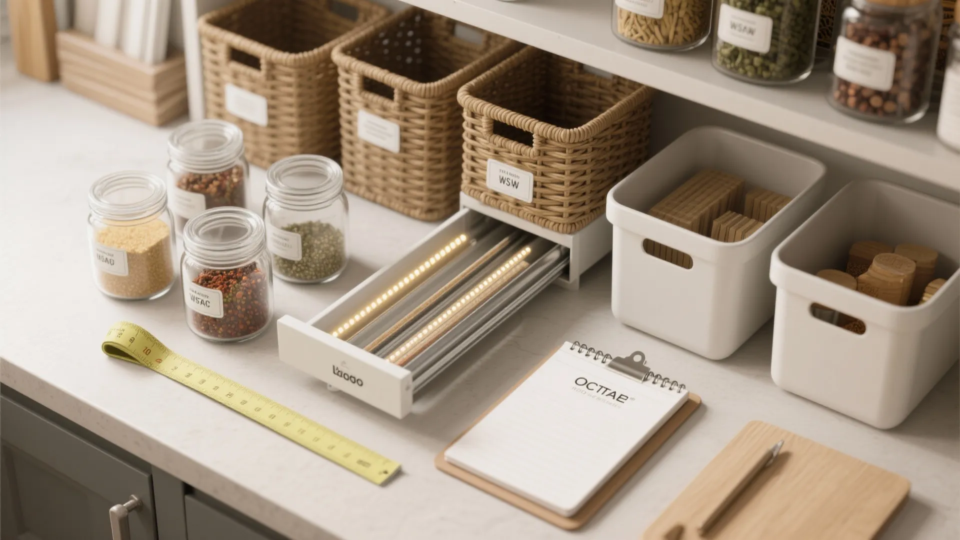 Flatlay of pantry organization items including airtight jars, baskets, LED strip and labeled bins for small-kitchen storage tips.