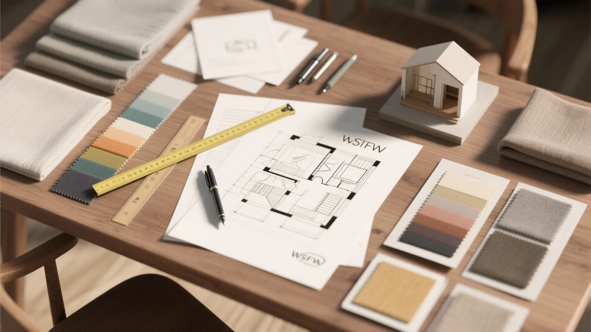 Wooden table with house floor plans color samples fabric swatches and small home model house