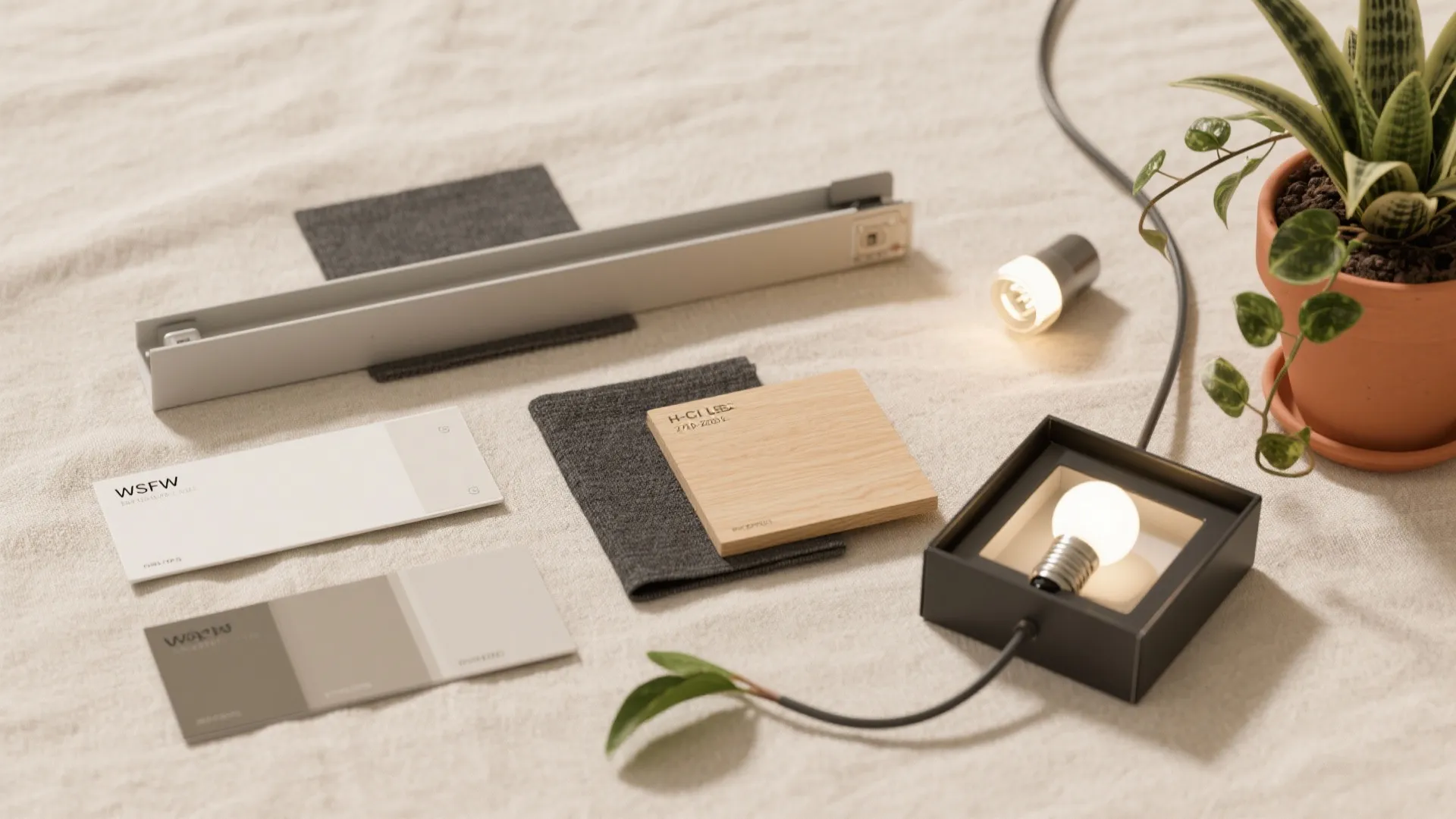Interior design materials including wood samples, fabric swatches, color cards, light bulbs, and green plants