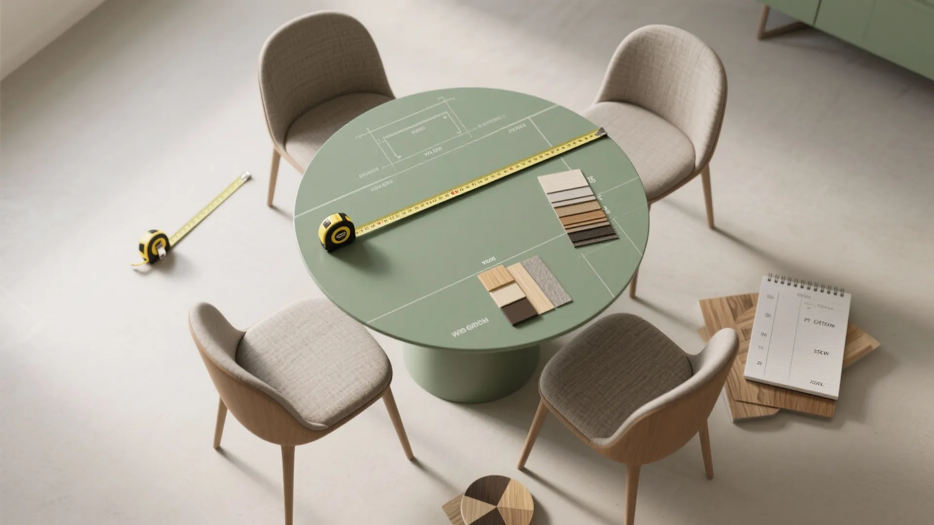 Green round table with measuring tape and material samples for planning interior design and renovation
