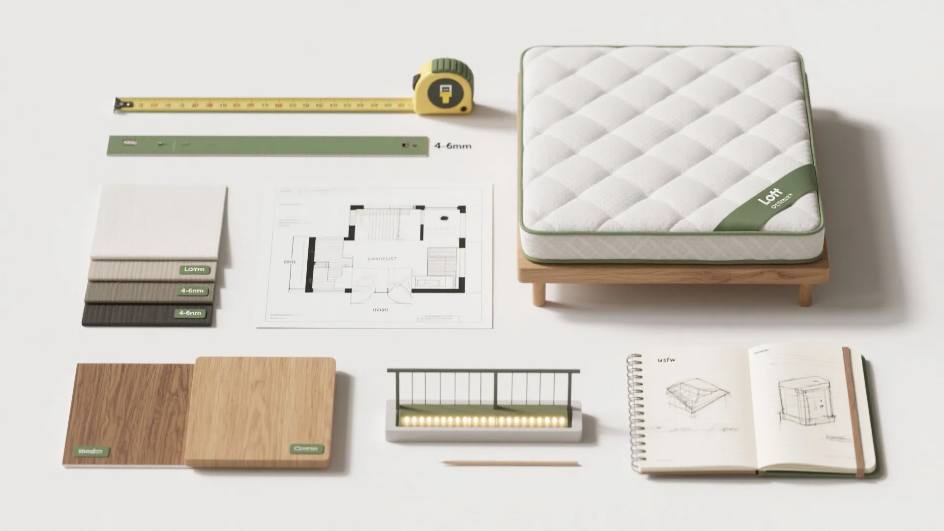Flat lay showing mattress, floor plan, measuring tape, wood samples, notebook, and small light fixture