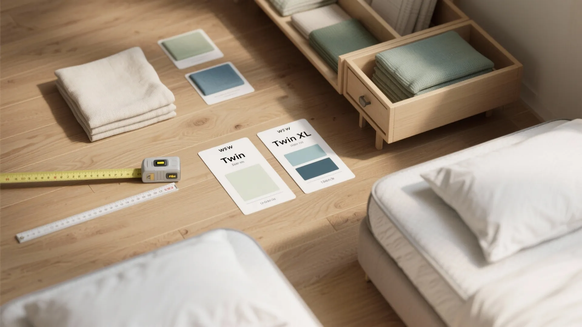 Wooden floor with measuring tape fabric samples and cards showing twin and twin xl sizes
