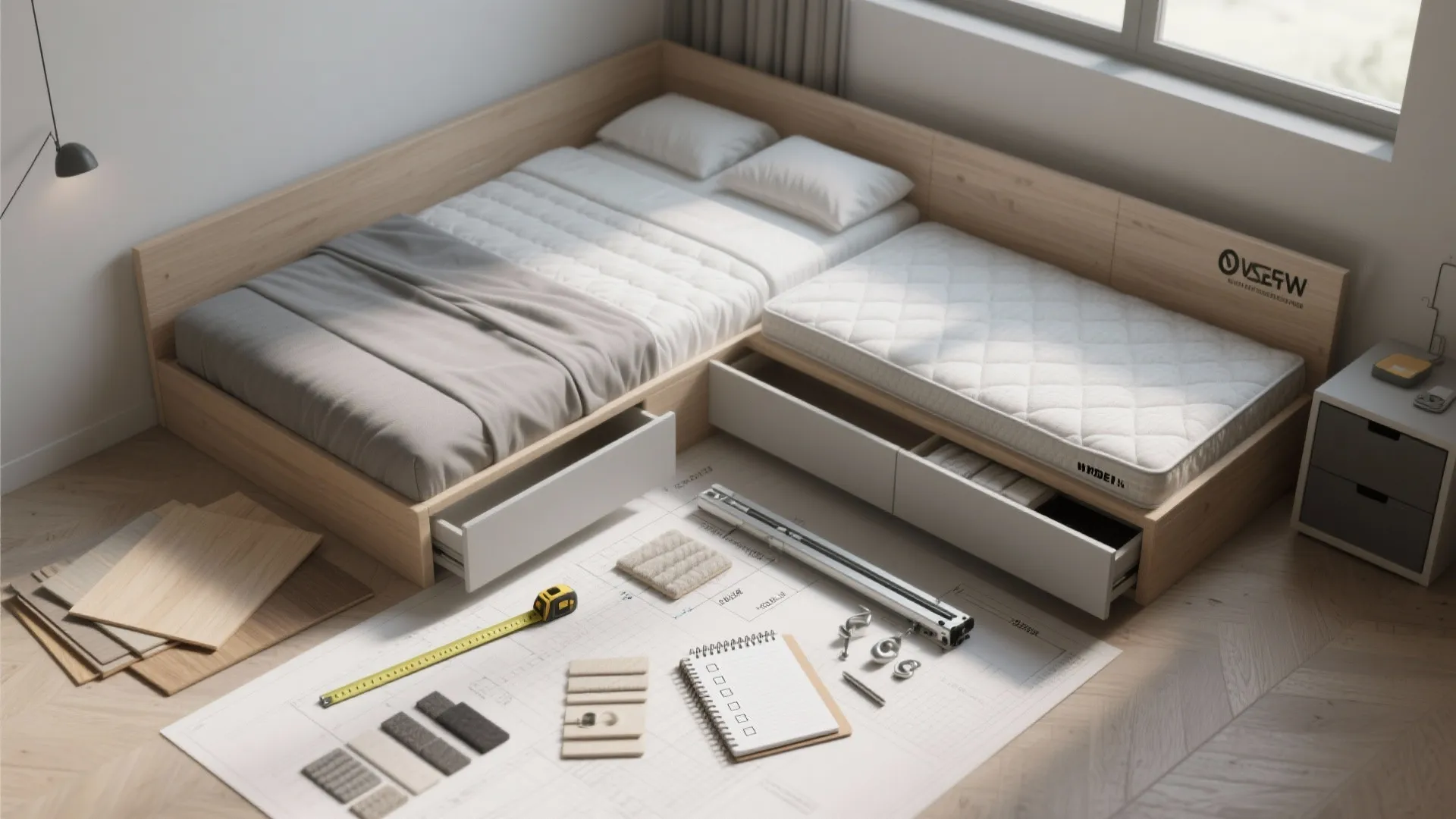 Modern L-shaped wooden bed with storage drawers placed over floor plan layout with measuring tools
