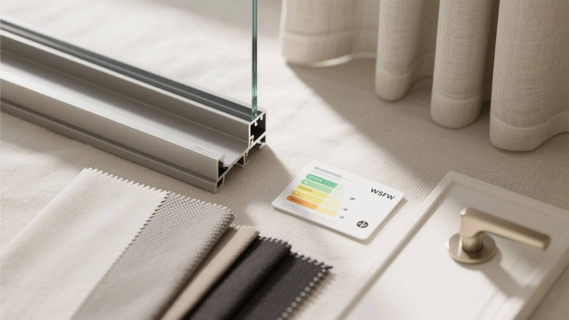 Modern window frame parts with glass samples fabric swatches and door handle on light surface