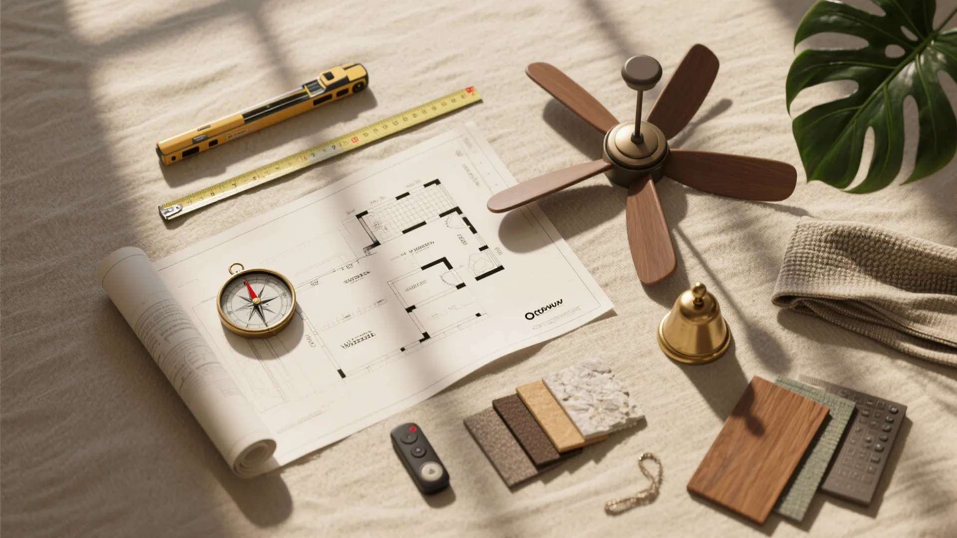 Interior design drawing on beige fabric with tape measure compass wood samples and small brown fan