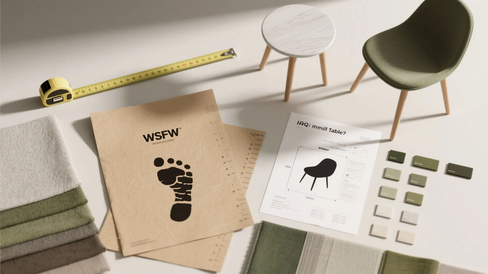 Green chair and small round table near fabric samples technical drawings tape measure and color swatches