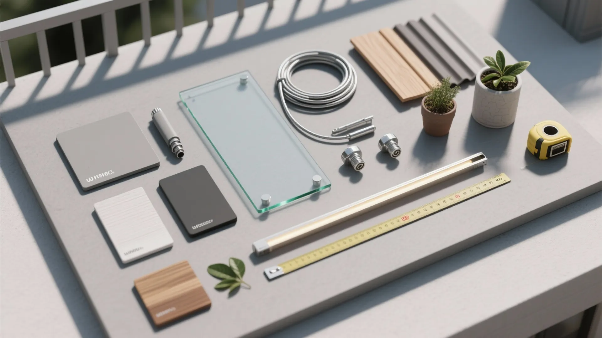 Interior design materials including glass wood panels tape measure and small plants on grey surface