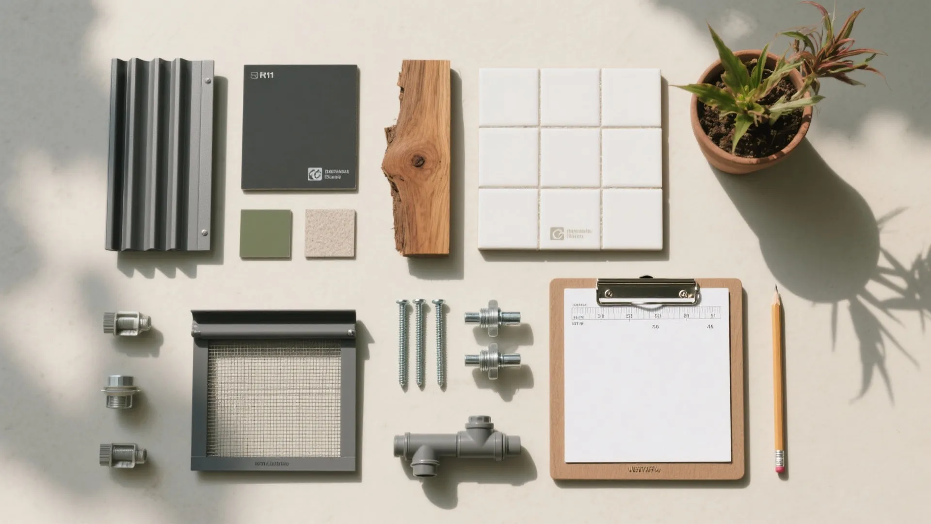 Interior design materials including wall tile wood sample metal parts clipboard pencil and small potted plant