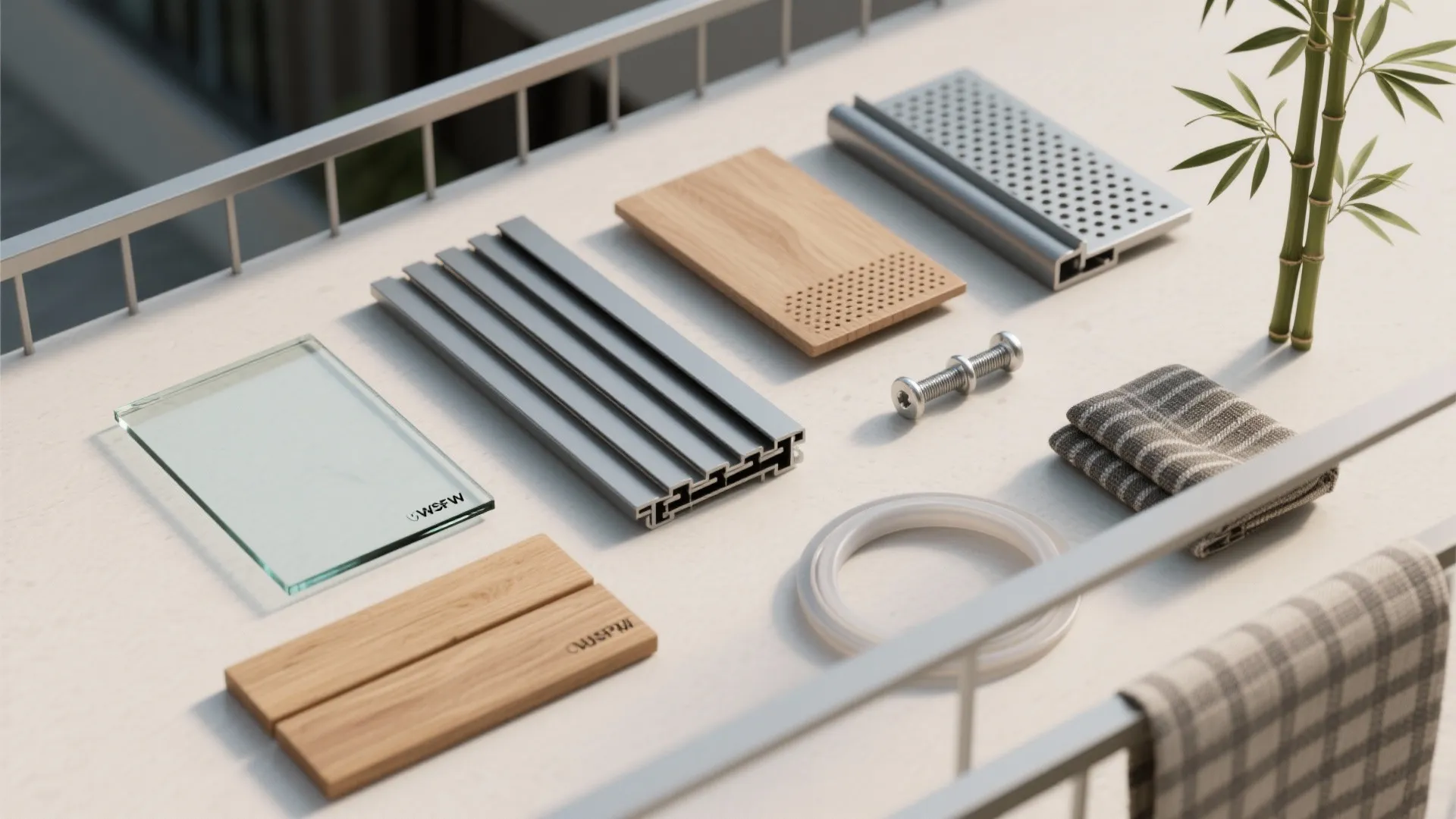 Top view of balcony construction materials including glass panel wood pieces metal frames and screws