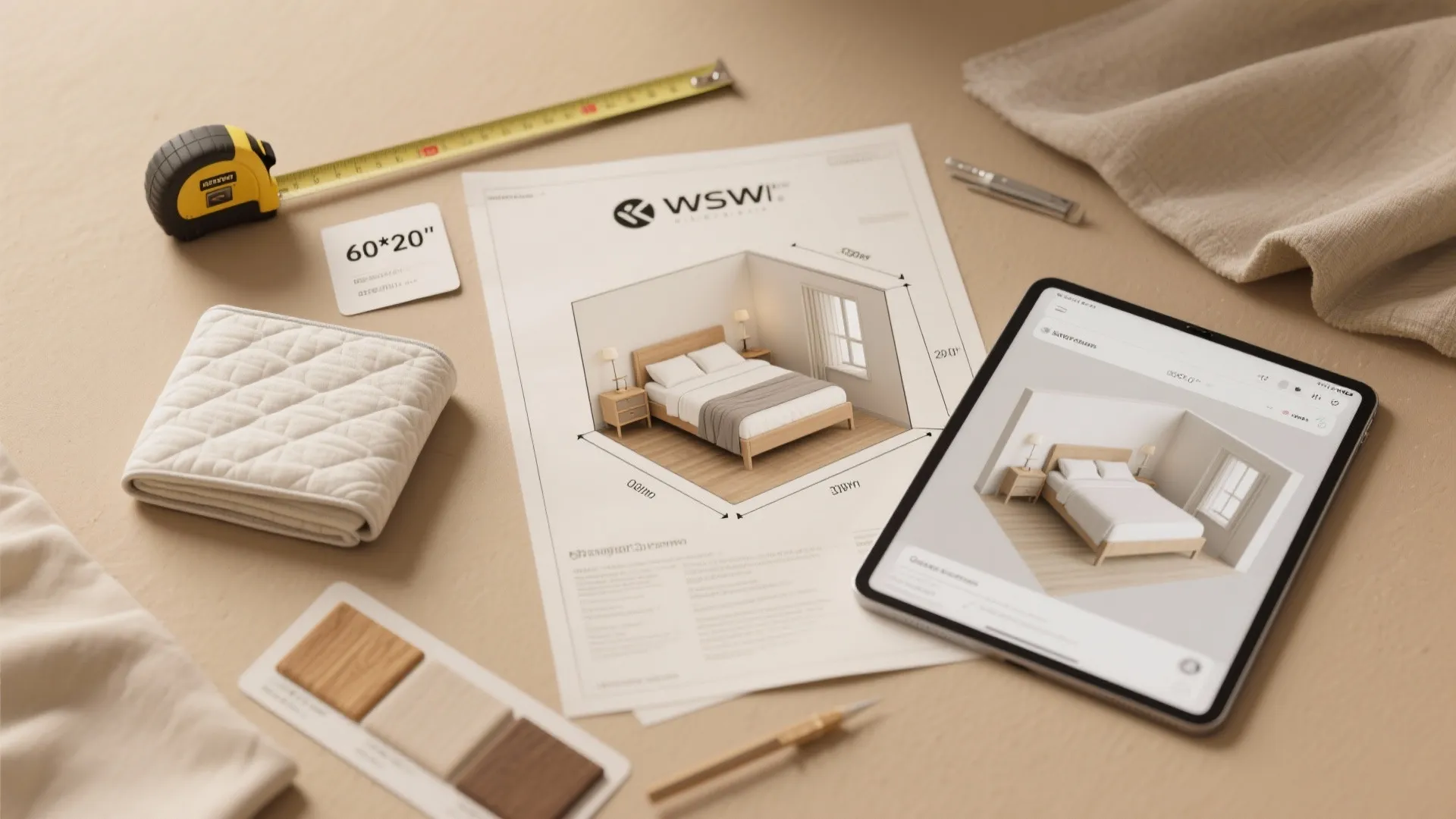 Top-down flatlay of a floor plan, tape measure, mattress dimensions and material swatches for planning a queen bed layout.