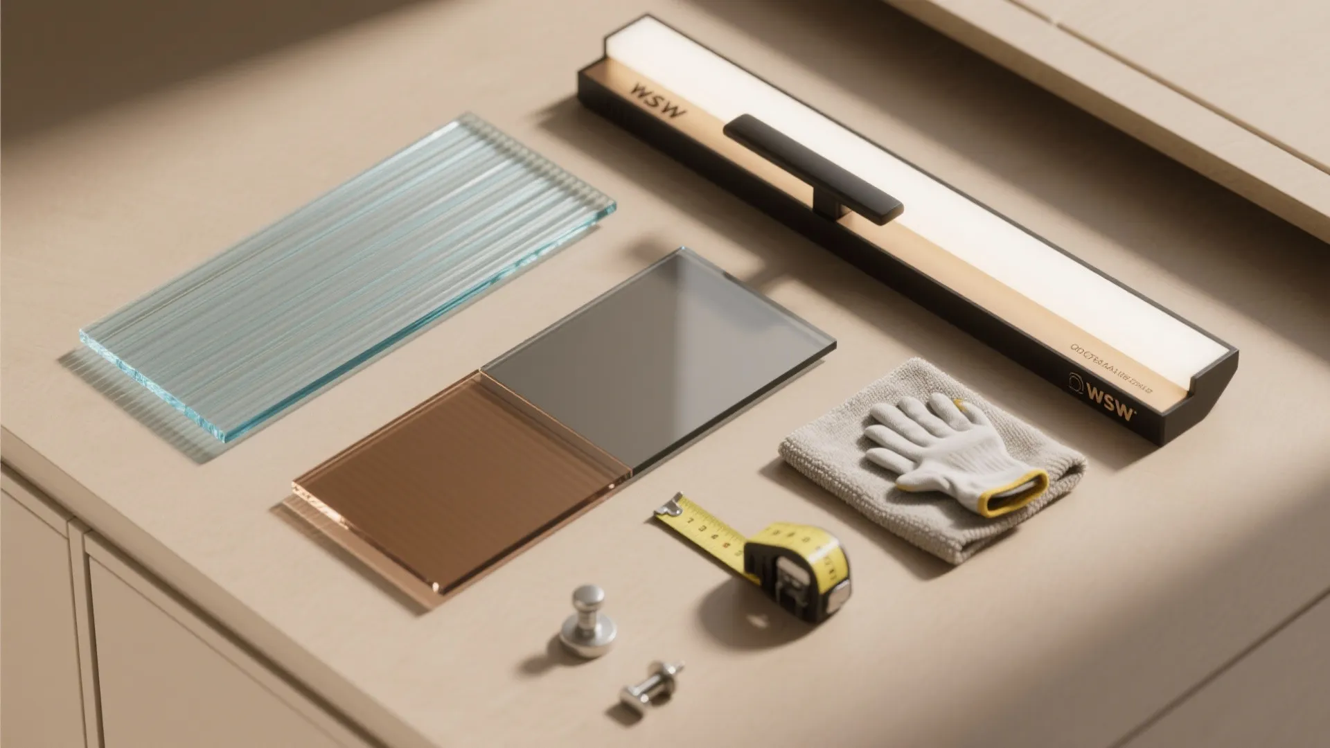 Flat lay showing glass panels measuring tape glove and light fixture on a light countertop