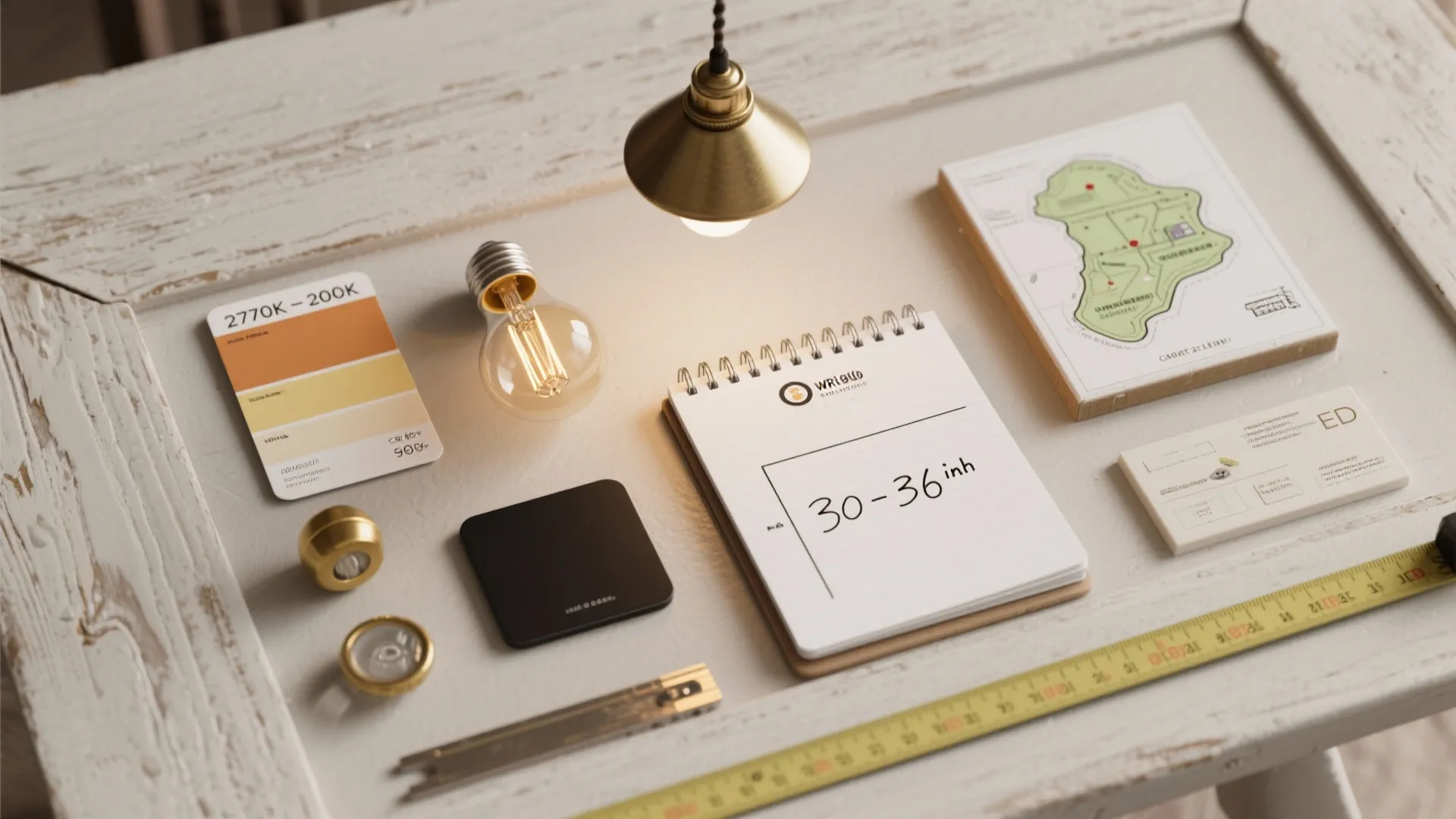 Flat lay of interior design tools including notebook light bulb color swatches measuring tape and map