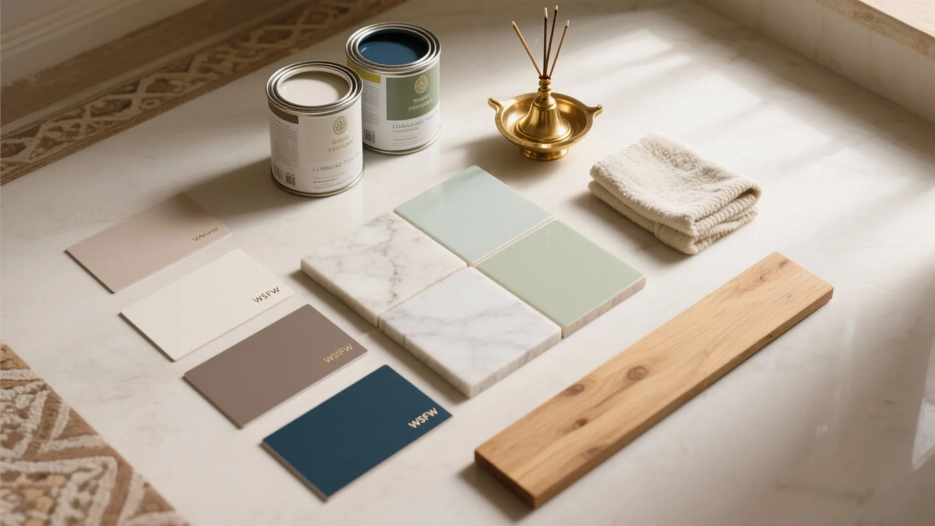 Interior design material board with paint cans marble tiles color swatches wood plank and white towel