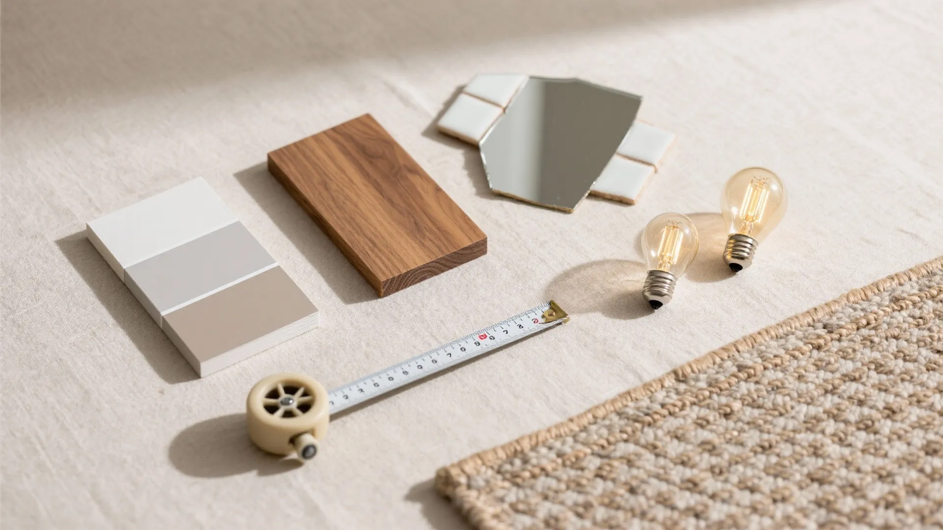 Interior design materials including paint swatches wood sample tiles light bulbs and white measuring tape