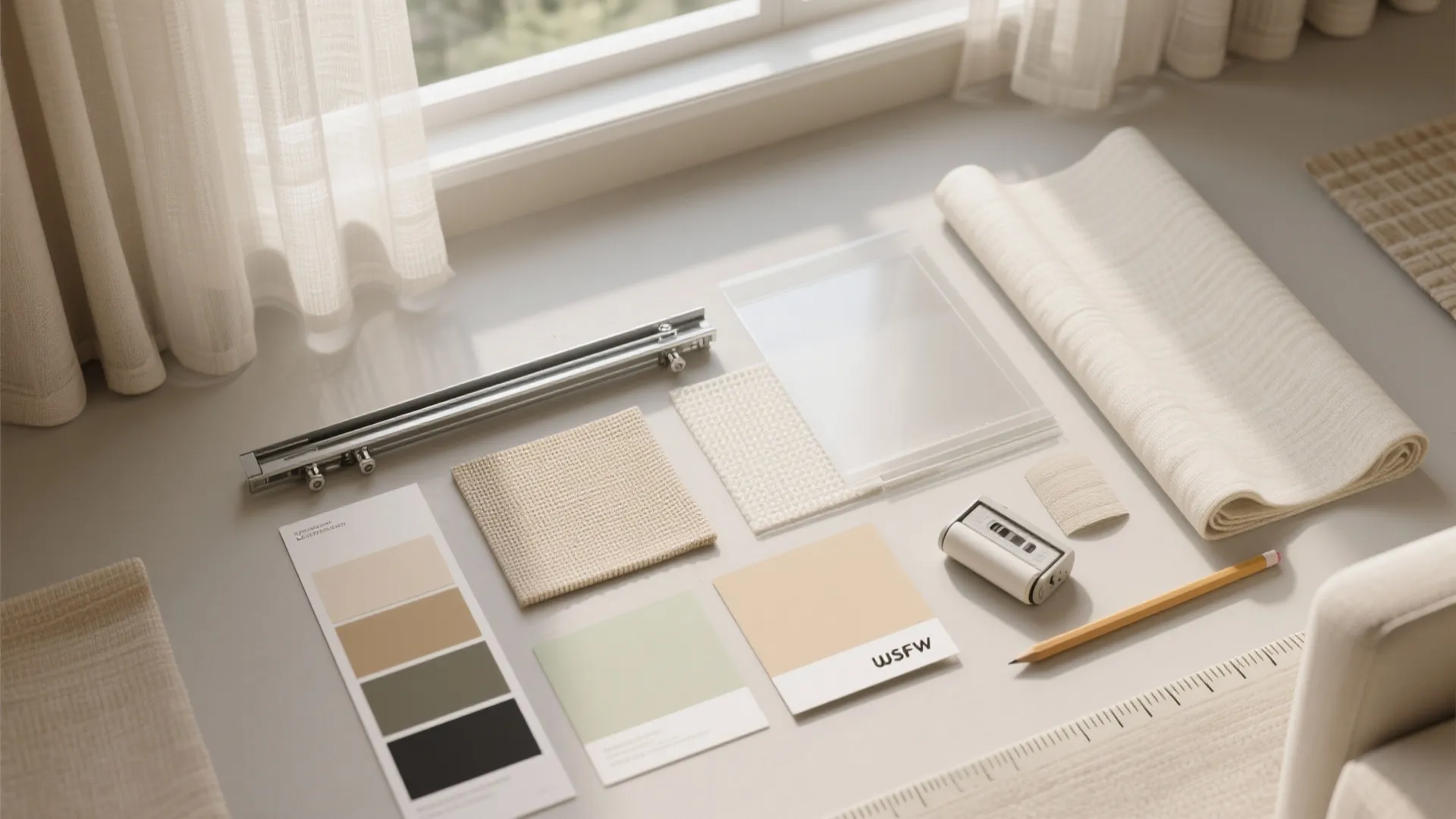 Interior design mood board with fabric samples color swatches pencil and curtain track on desk