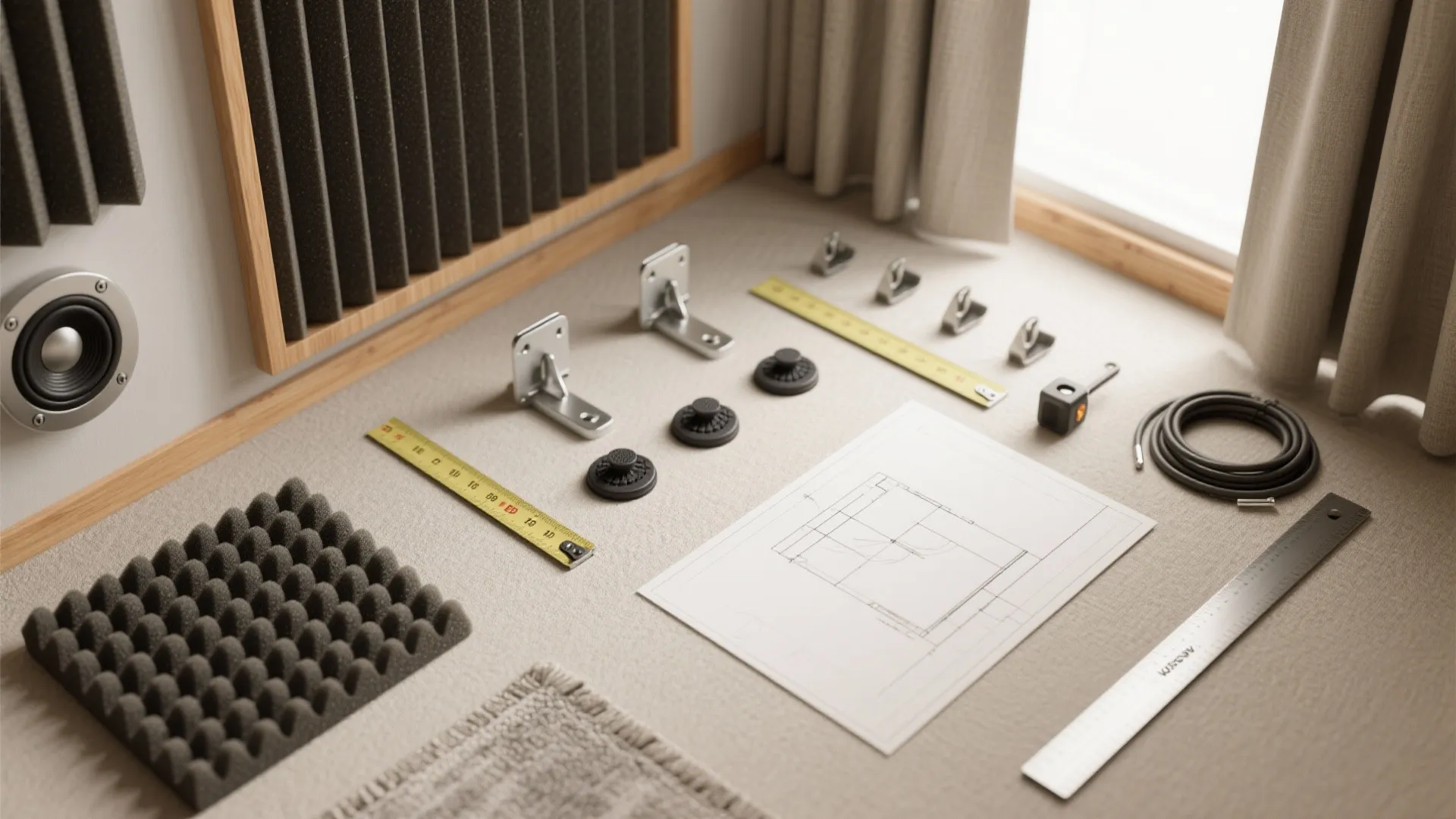 Interior design drawing with measuring tools and sound insulation foam panels on a beige workspace surface