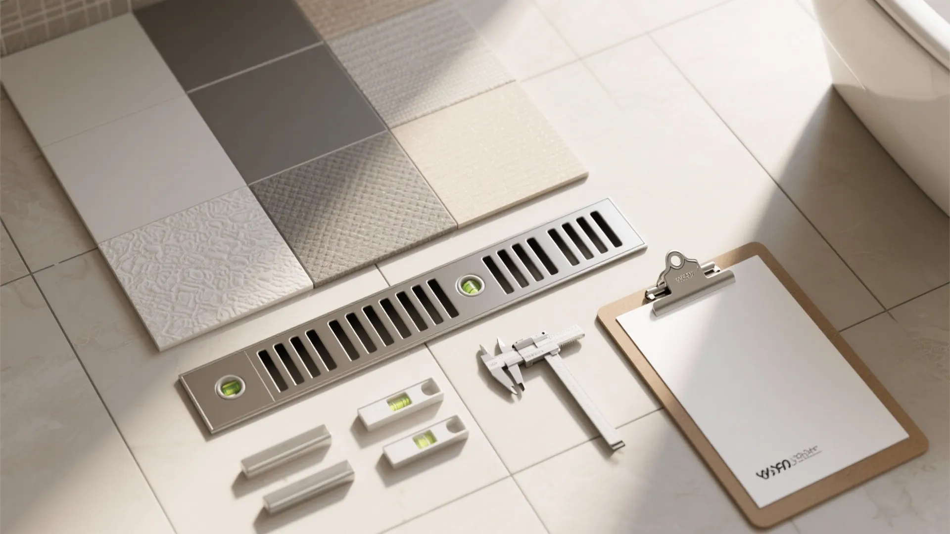 Floor tiles samples with drainage tools level ruler and paper clipboard on bright bathroom tile floor