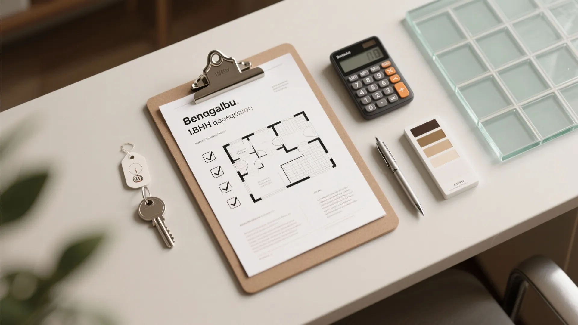 White desk with house floor plan clipboard calculator pen and color samples for room layout