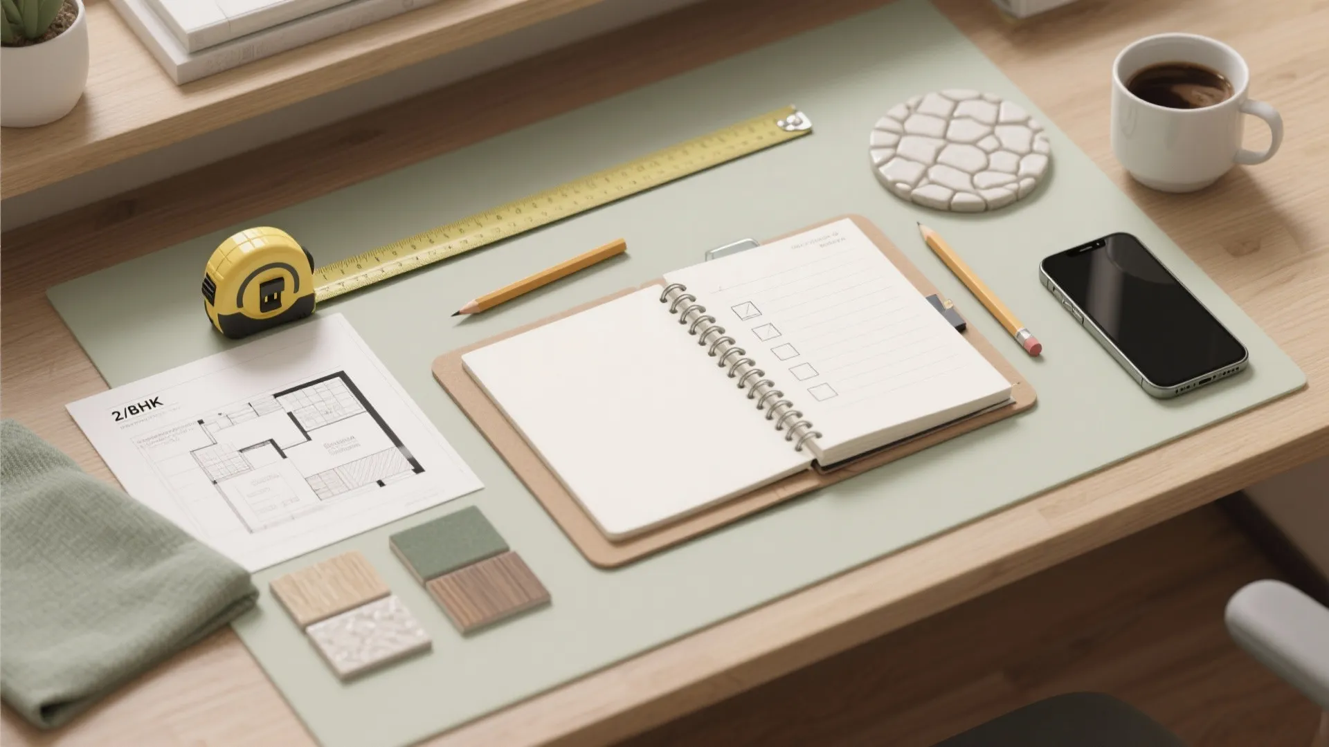 Top view of desk with floor plan notebook measuring tape phone pencils and a coffee cup