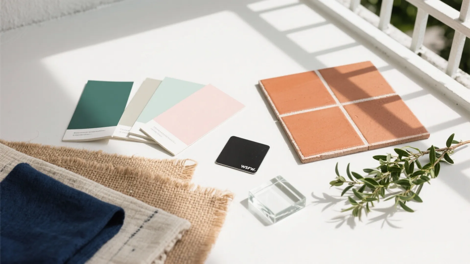 Interior design materials including color cards brown tiles fabric samples and a small green plant branch